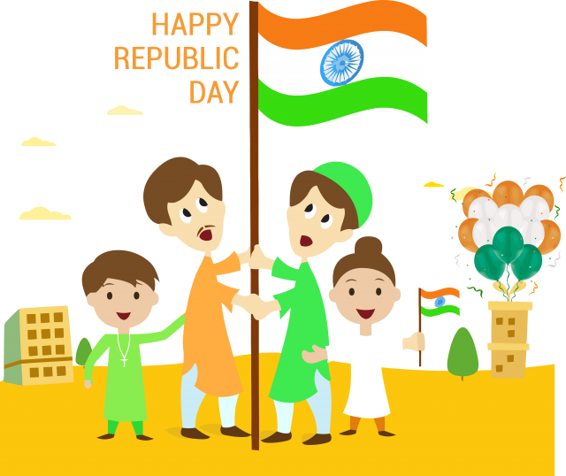 Republic Day 桌布 壁紙 — 四個孩子快樂地慶祝共和國日，手持印度國旗，背景有氣球和節日裝飾。
