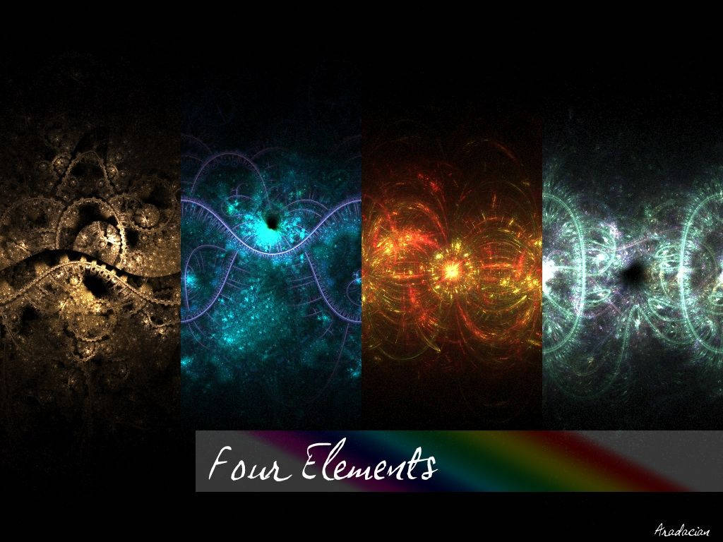 element 桌布 壁紙 — 四個宇宙碎形面板在黑色虛空中散發著地、風、火、水的能量光芒。