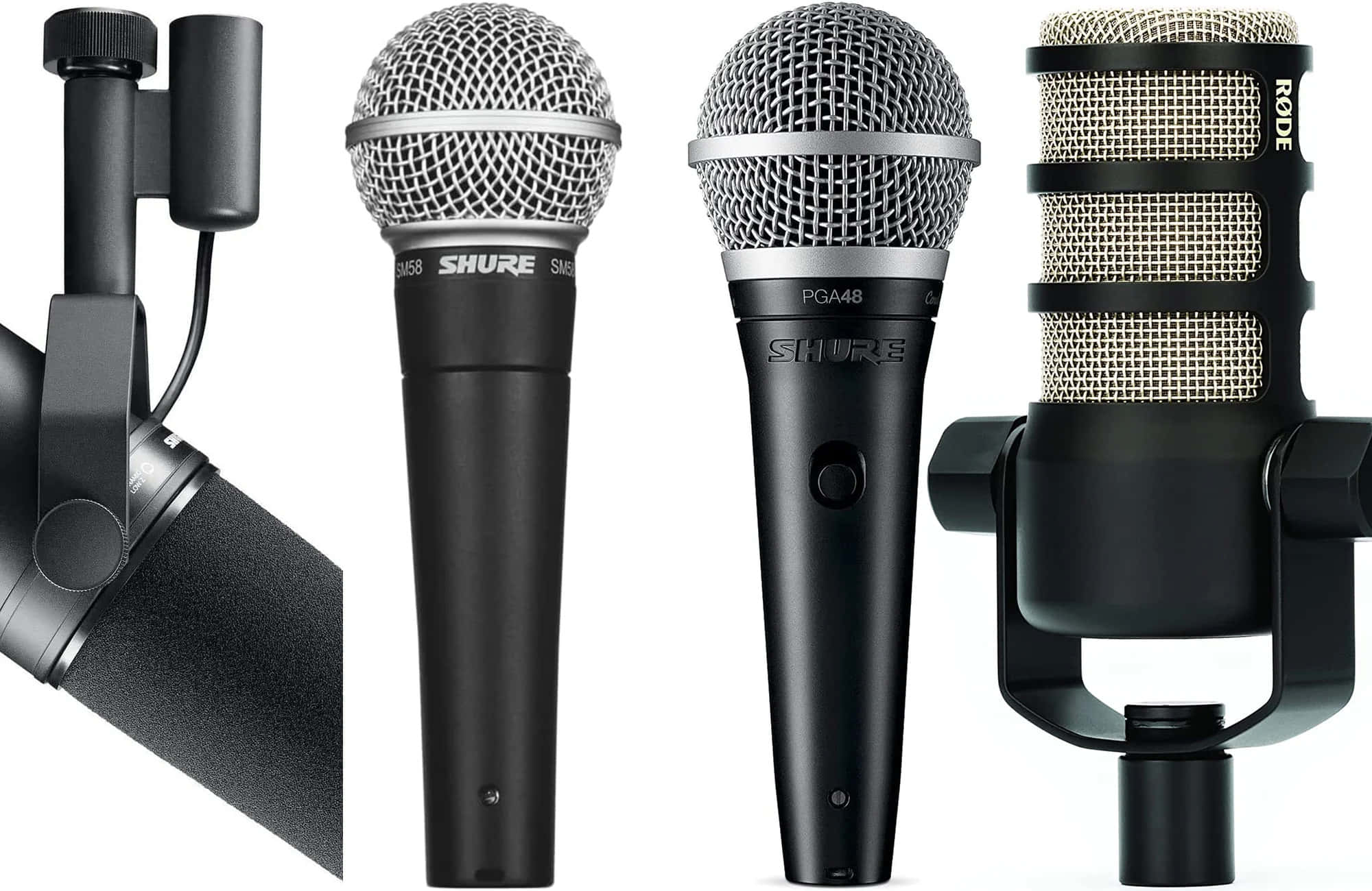 Microphones 桌布 壁紙 — 四個專業麥克風，包括Shure和Rode型號，在乾淨的白色背景上展示。