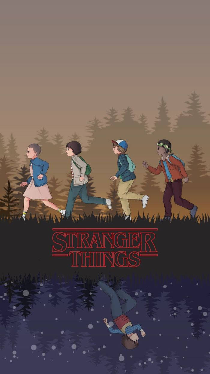 Stranger Things Cute 桌布 壁紙 — 四個小孩在森林中奔跑，而一個男孩在下方黑暗的鏡像倒影中倒吊著。