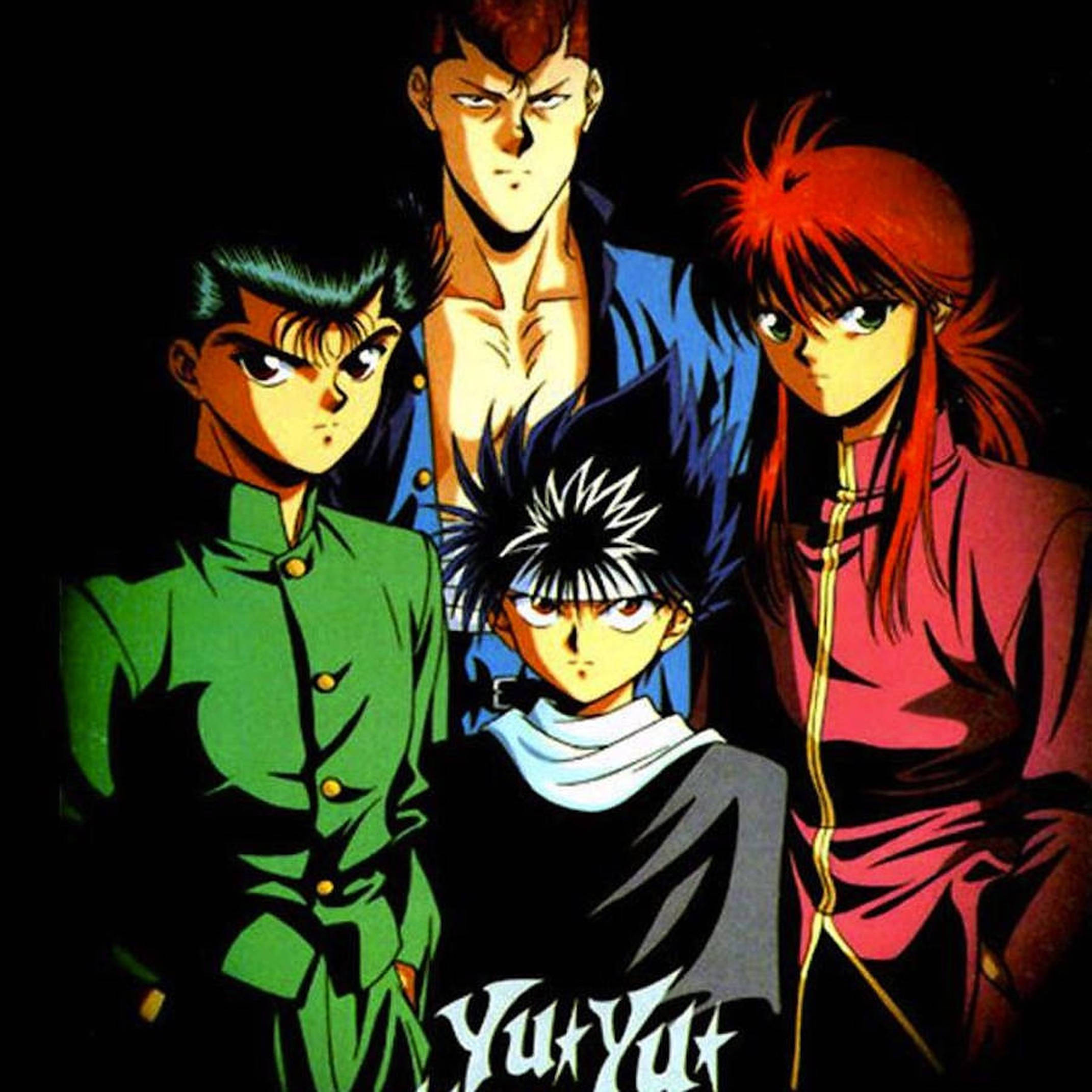 yuyu hakusho 桌布 壁紙 — 四個帶有尖刺頭髮和大膽服裝的激烈動漫角色，在戲劇性燈光下站在黑暗背景前。