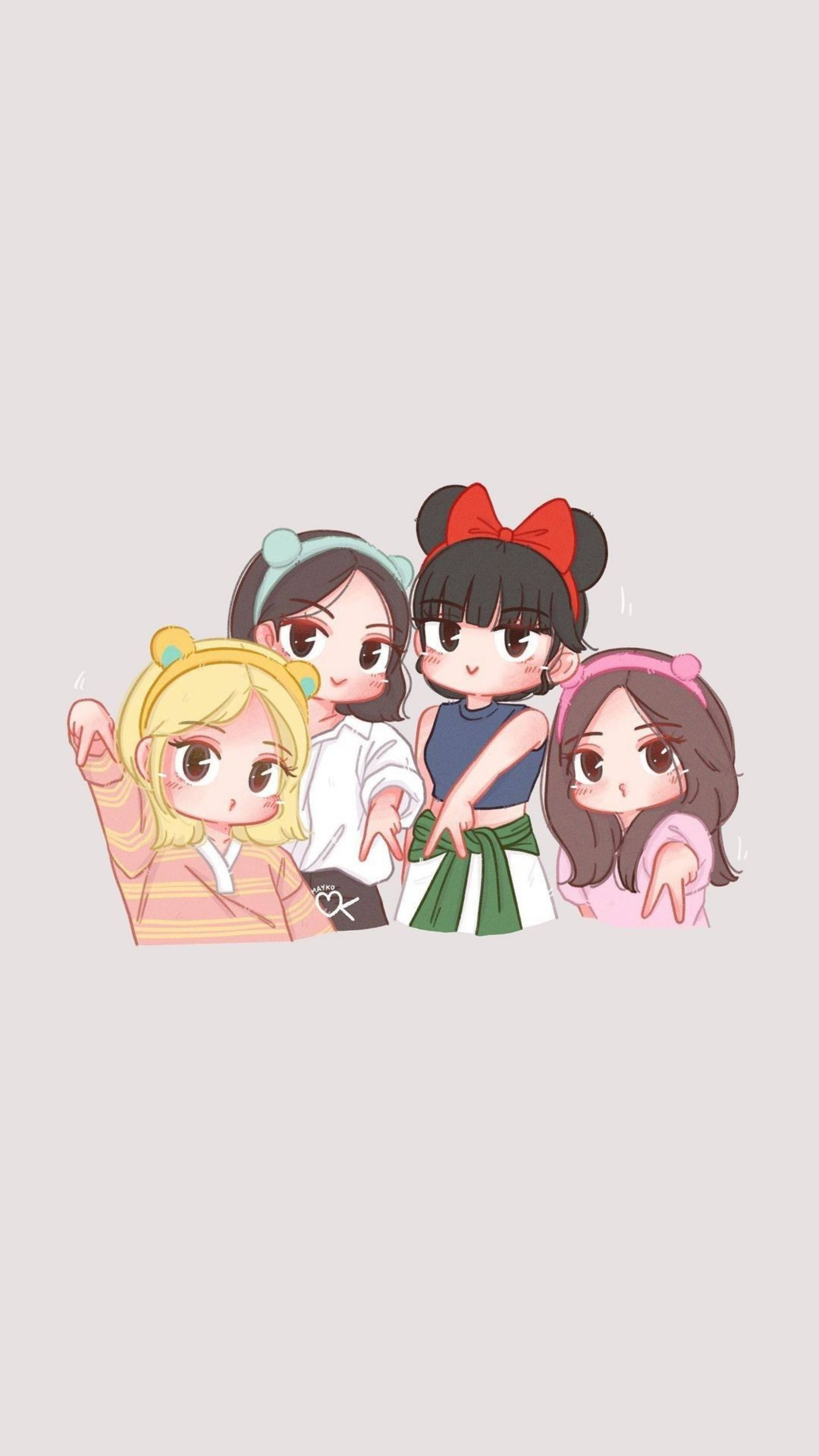 BLACKPINK 桌布 壁紙 — 四個帶有彩色髮飾的Q版動漫女孩在純淺灰色背景前開心地擺姿勢。