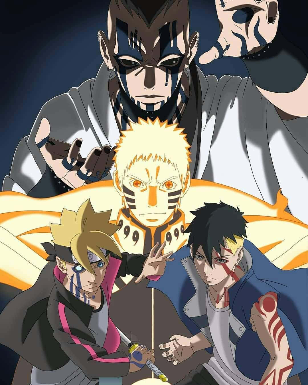 Boruto Vs Kawaki 桌布 壁紙 — 四個帶有獨特標記和強烈表情的動漫角色，在黑暗背景下以戲劇性的構圖站立。