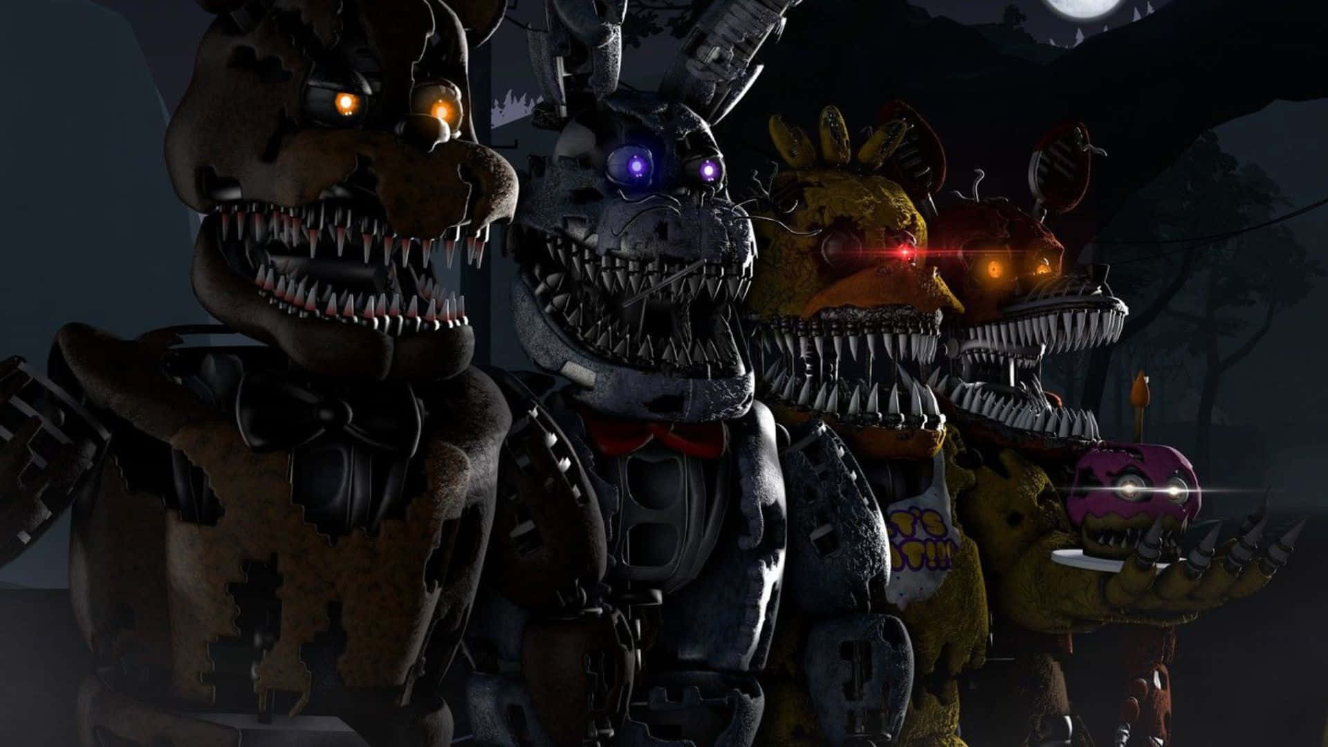 Scary Fnaf 桌布 壁紙 — 四個帶有發光眼睛和尖銳牙齒的威脅性電子動畫角色，站在滿月下的黑暗詭異環境中。