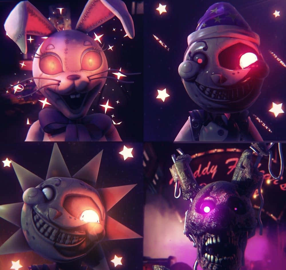 Fnaf Characters 桌布 壁紙 — 四個帶有發光眼睛和星空背景的威脅性電子動畫角色，處於深紫色環境中。