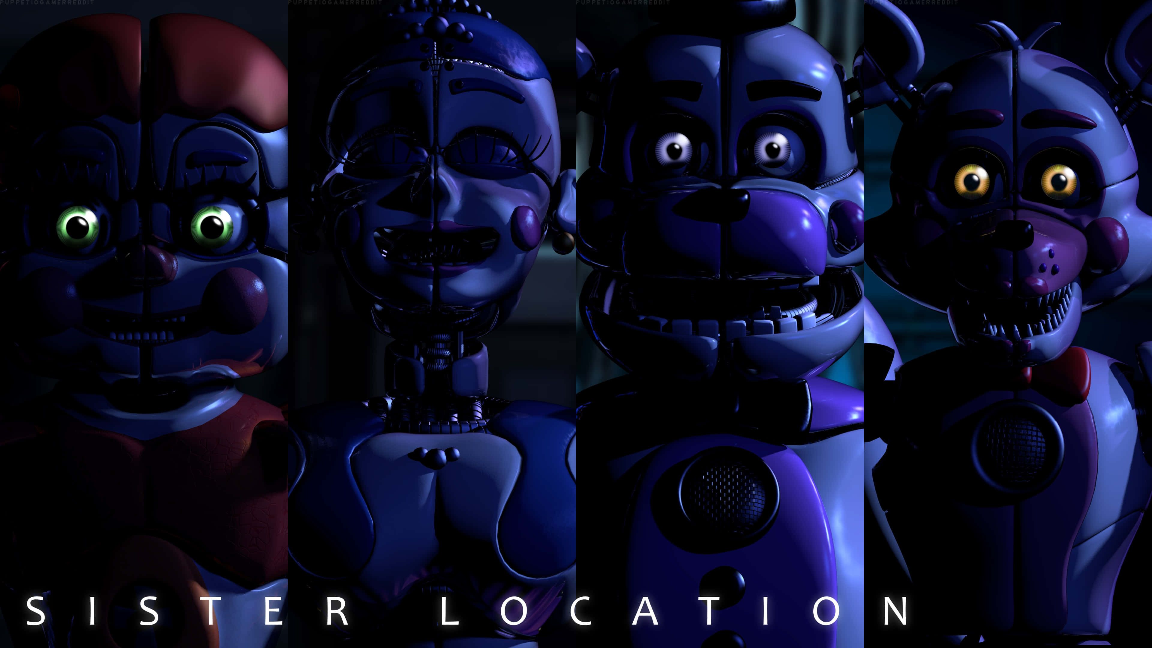 Fnaf Sister Location 桌布 壁紙 — 四個帶有發光眼睛的威脅性電子動畫角色在深藍色燈光的場景中向前凝視。