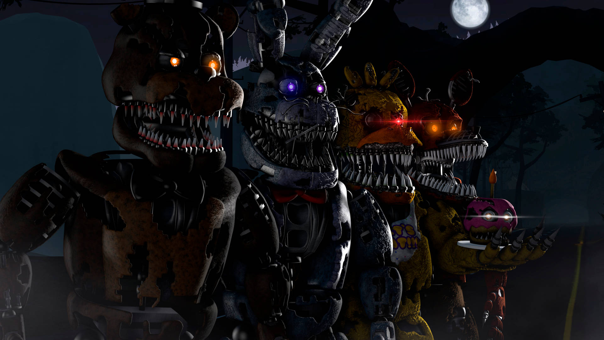 nightmare 桌布 壁紙 — 四個帶有發光眼睛的威脅性電子動畫角色站在黑暗戶外環境中的滿月下。
