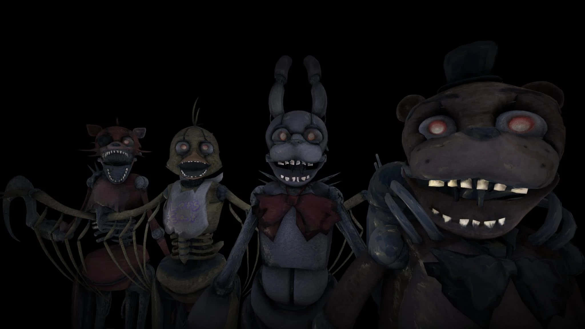 Scary Fnaf 桌布 壁紙 — 四個帶有發光紅眼和尖銳牙齒的威脅性電子動畫角色站在黑暗虛空中，散發恐怖氣息。