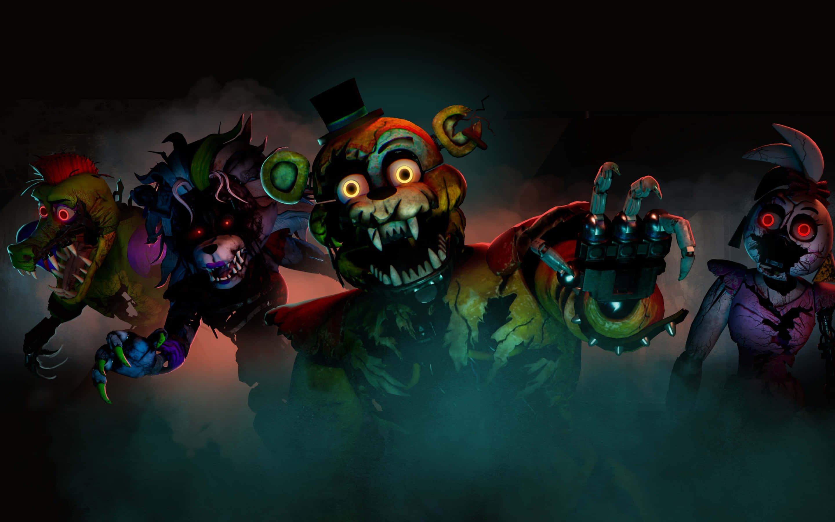 Scary Fnaf 桌布 壁紙 — 四個帶有發光紅眼和破舊外觀的威脅性電子動畫角色從黑暗迷霧中出現，營造恐怖主題場景。