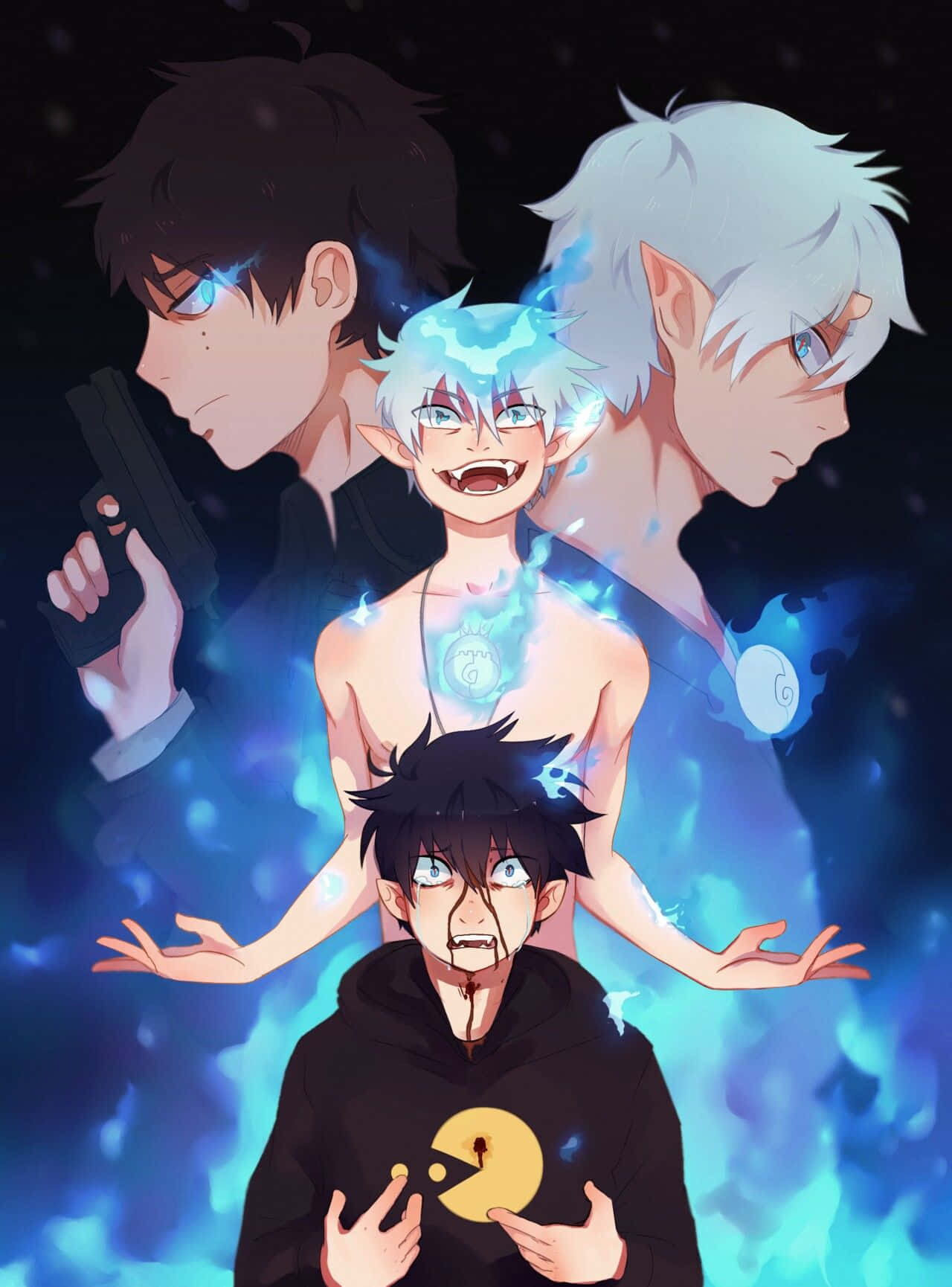 Blue Exorcist 桌布 壁紙 — 四個帶有發光藍色能量的動漫角色圍繞著一個穿著連帽衫、手持 Pac-Man 鬼魂的中心人物。
