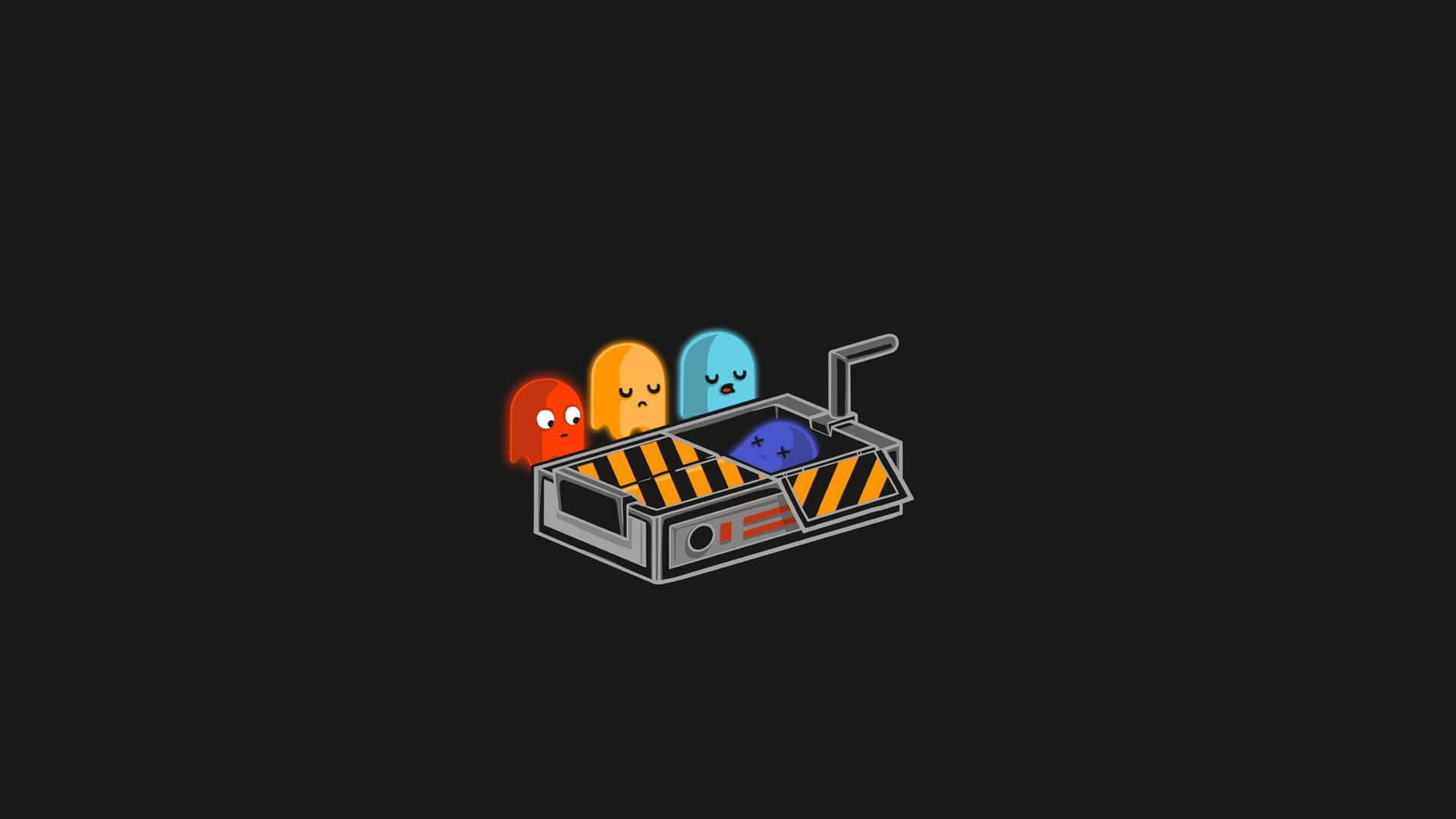 pac man 桌布 壁紙 — 四個帶有睡意的 Pac-Man 鬼魂坐在卡通工業機器內，背景為黑色。