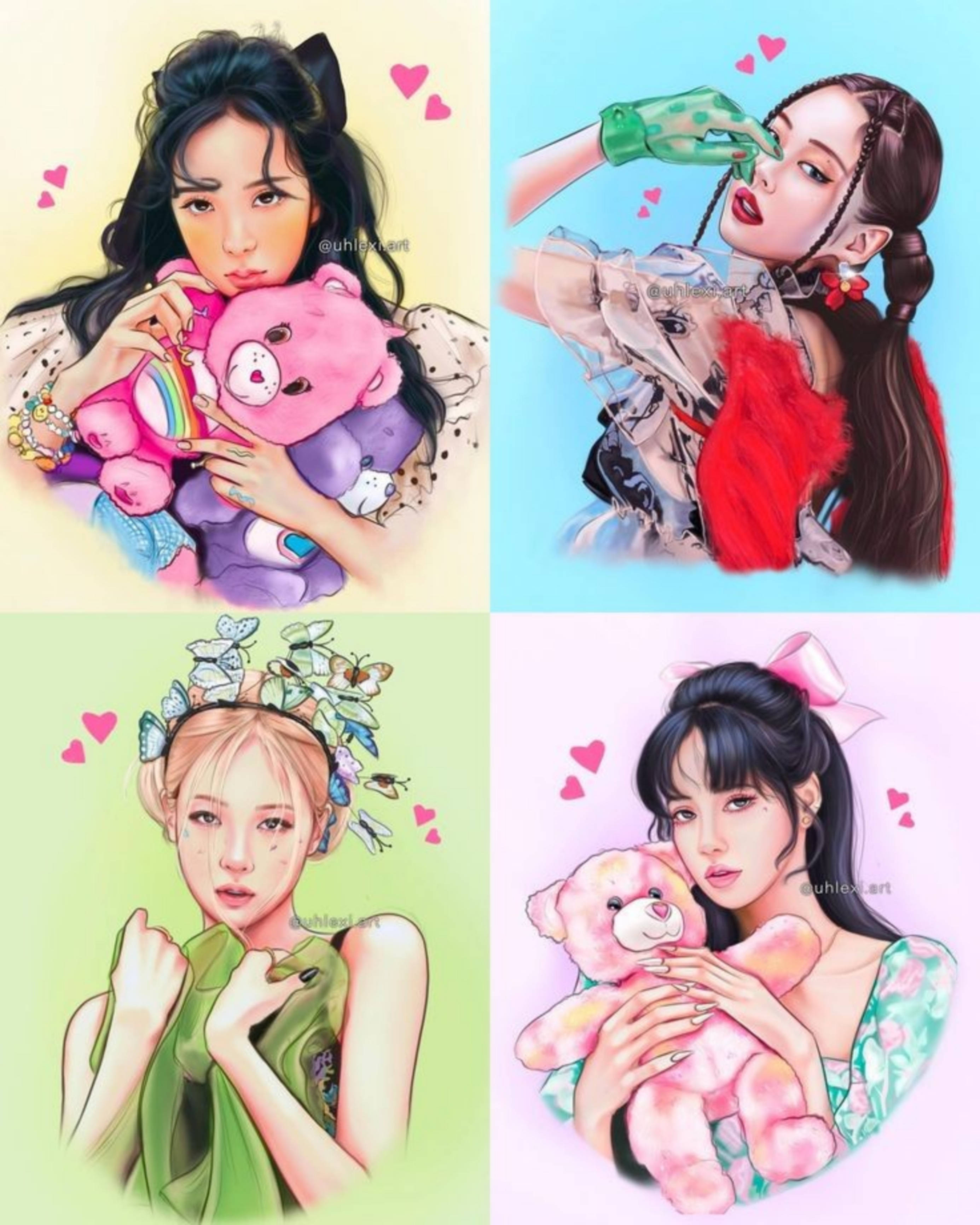 BLACKPINK 桌布 壁紙 — 四個年輕女性與泰迪熊和夢幻心形的插圖肖像，背景為粉彩色。