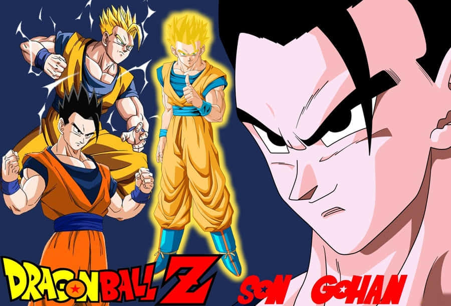 Mystic Gohan 桌布 壁紙 — 四個強大的七龍珠Z角色在深藍色背景上以動態姿勢展現，帶有發光效果。