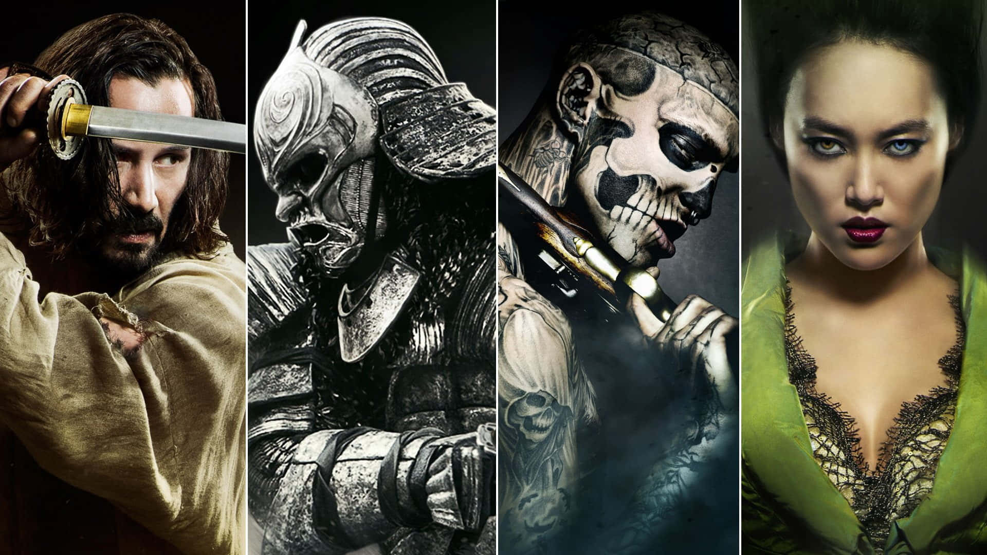 47 Ronin 桌布 壁紙 — 四個強烈角色以戲劇性姿勢：持劍戰士、武士面具、骷髏臉戰士及穿綠色蕾絲的兇猛女子。