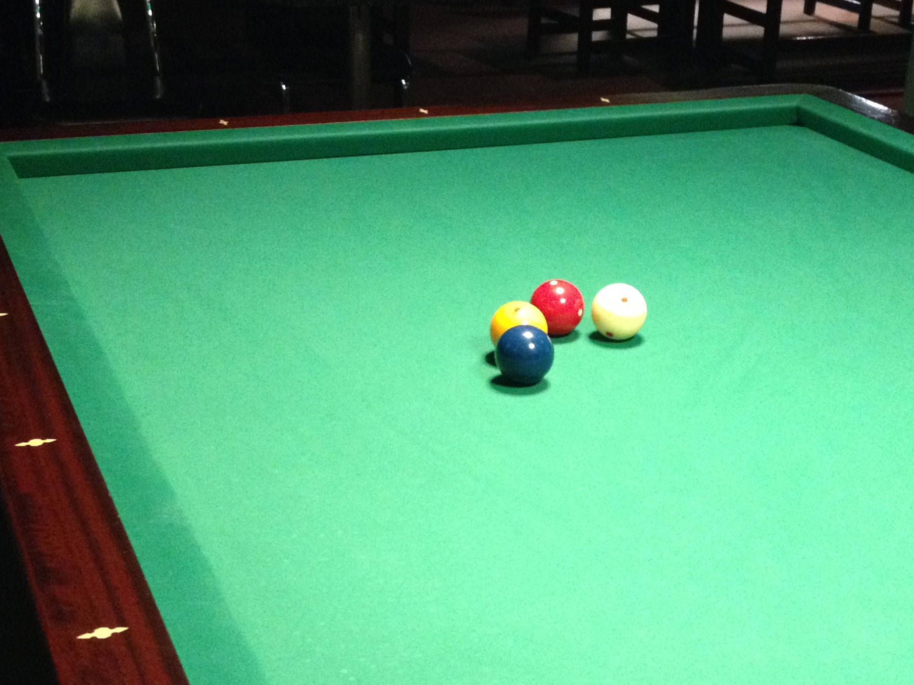 balls 桌布 壁紙 — 四個彩色撞球聚集在綠色絨布桌中央附近，燈光昏暗。