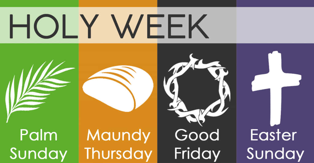 Holy Week 桌布 壁紙 — 四個彩色面板各顯示一個白色圖示和文字，代表聖週事件：棕枝主日、設立聖餐日、受難日、復活主日。