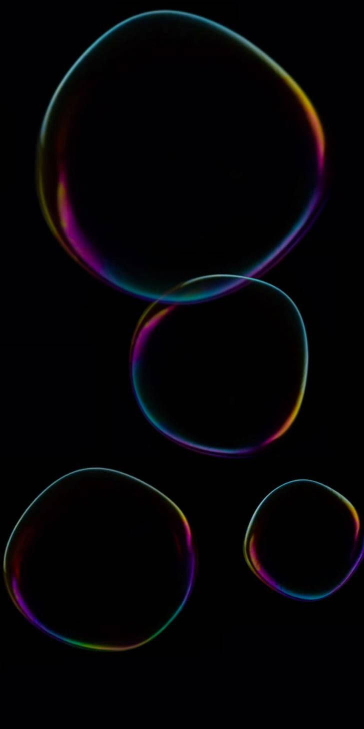 Bubbles 桌布 壁紙 — 四個彩虹色的肥皂泡在純黑色背景上漂浮，沿著它們的薄膜散發出彩虹般的光澤。