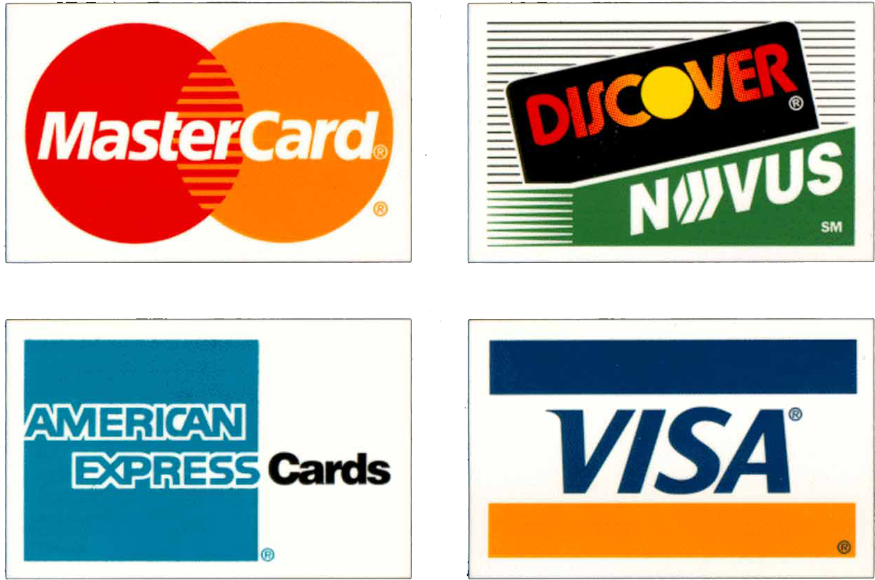 美國運通 桌布 壁紙 — 四個復古信用卡標誌，包括 MasterCard、Discover、Novus、American Express 和 Visa，以網格顯示。