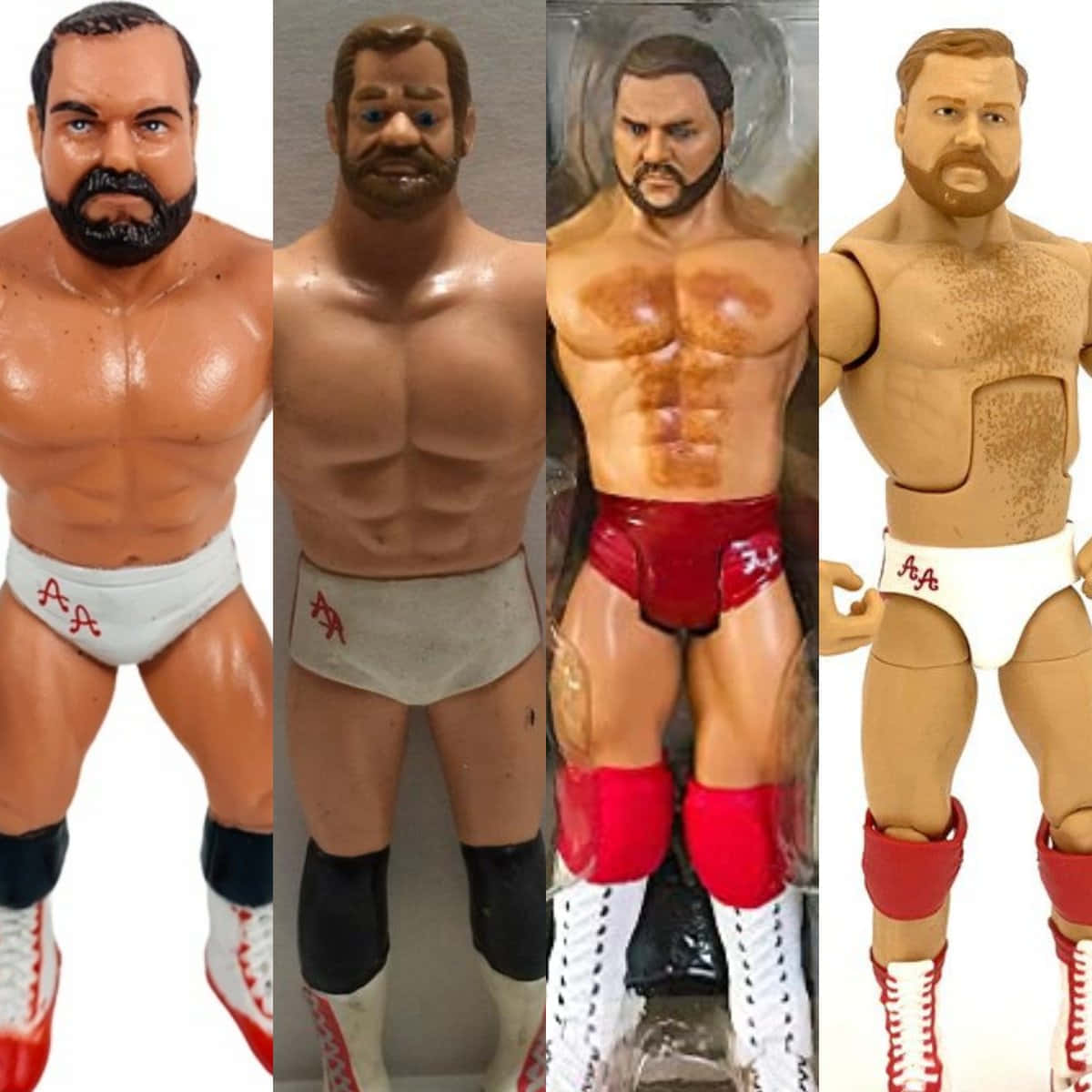 toys 桌布 壁紙 — 四個復古摔角動作人偶，擁有肌肉發達的體格和獨特的短褲，並排站在素色背景前。