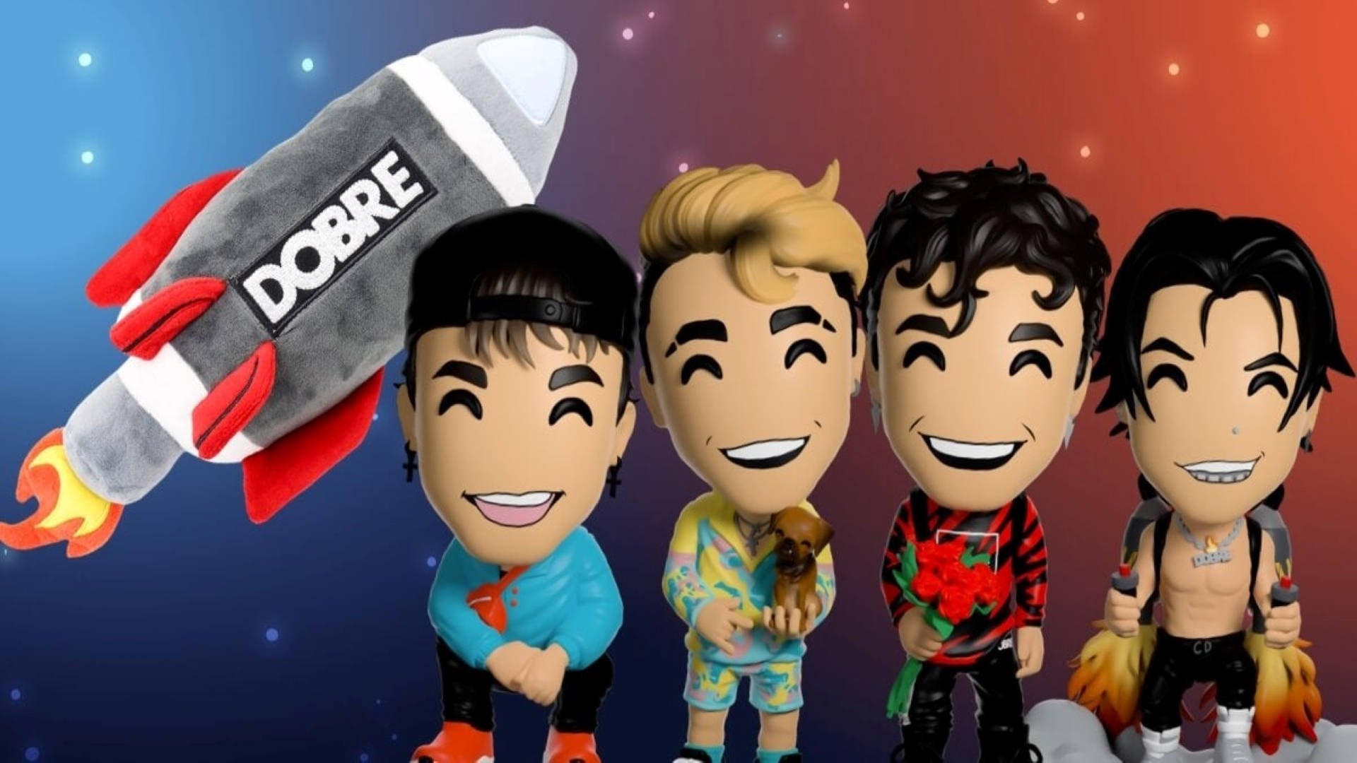 Dobre 桌布 壁紙 — 四個微笑的Q版角色站在宇宙漸變背景前，一架標有DOBRE的火箭從他們頭頂呼嘯而過。