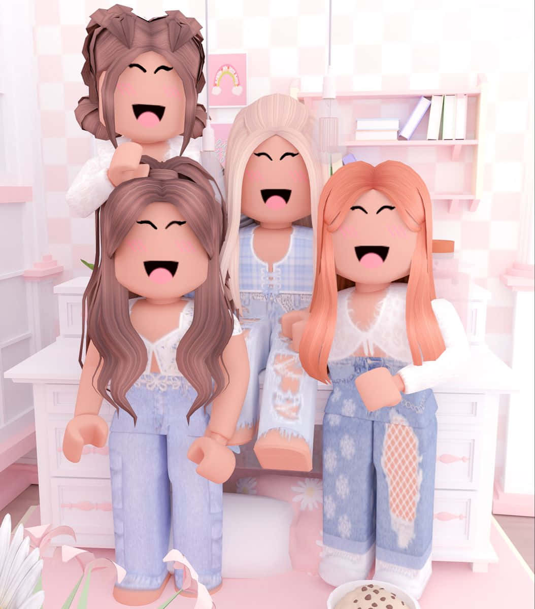 Roblox Bff 桌布 壁紙 — 四個快樂的Roblox角色穿著粉紅色和藍色的服裝，在一個裝飾甜美的房間裡一起大笑。