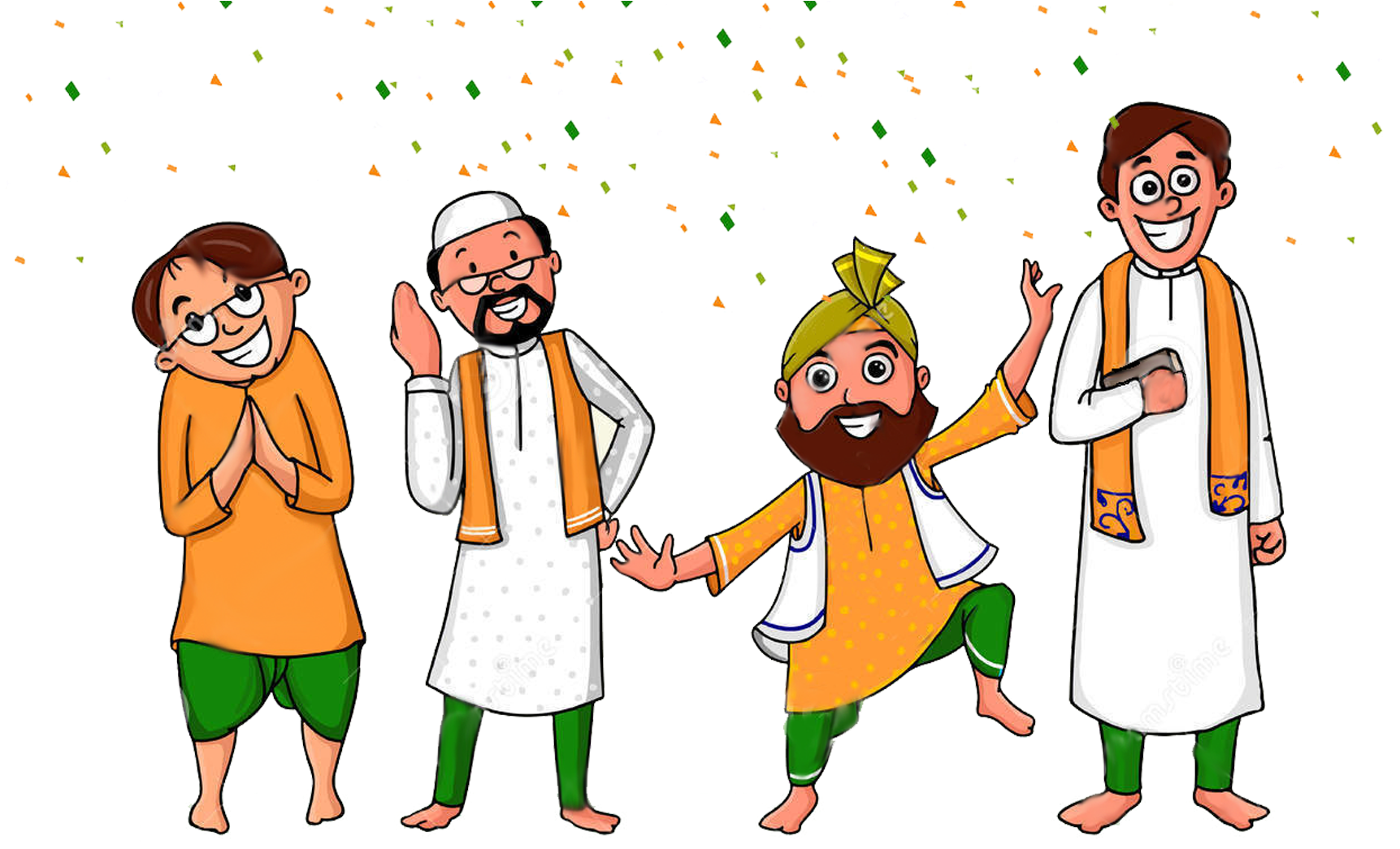 Indian Independence Day 桌布 壁紙 — 四個快樂的卡通男人穿著傳統印度服裝，在黑色背景下慶祝，五彩紙屑飄落。