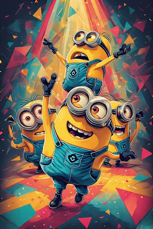 Minions Disco Wallpaper with Neon Lights and Geometric Patterns 壁紙 — 四個快樂的小小兵穿著藍色吊帶褲，在色彩繽紛的幾何紙屑中，於耀眼的聚光燈下充滿活力地跳舞。