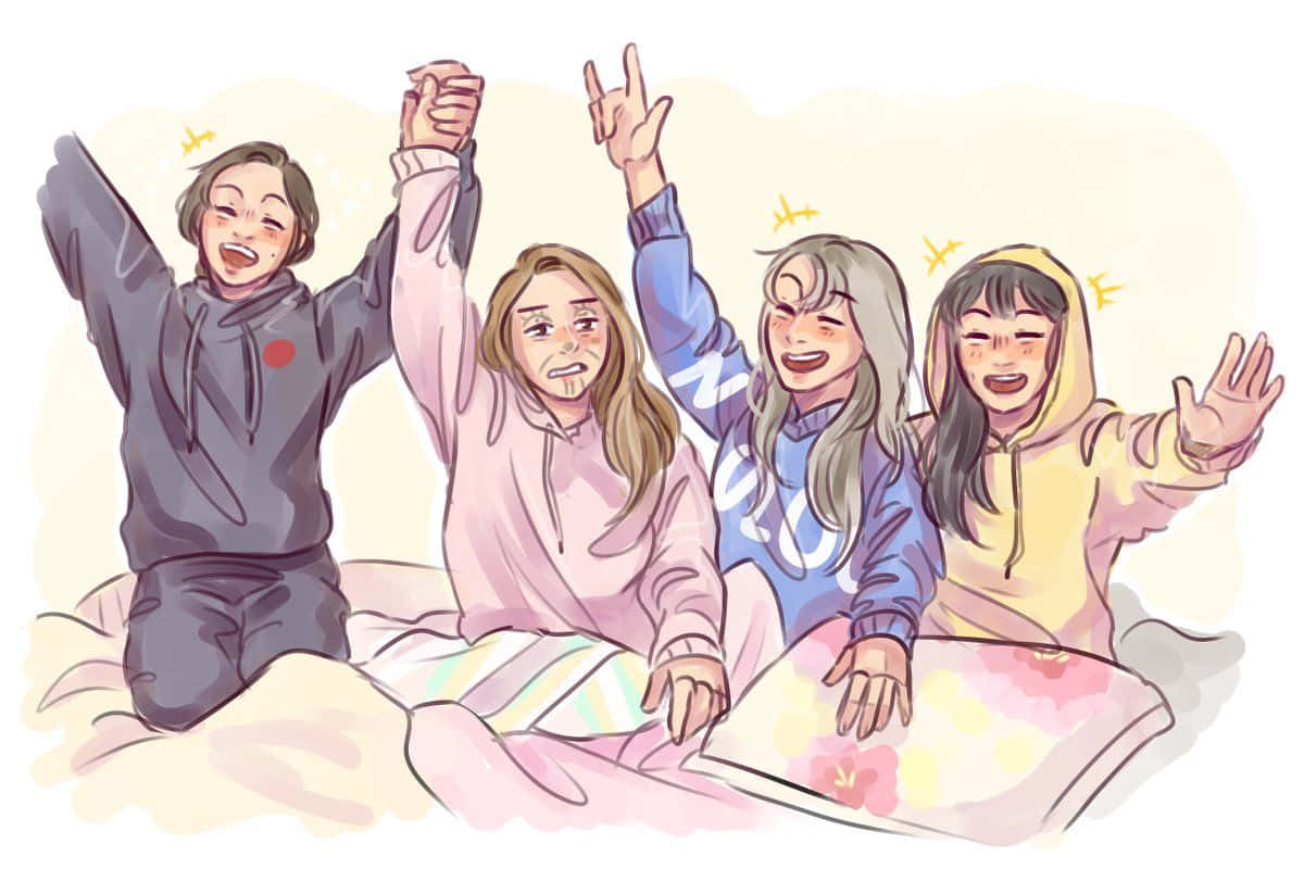 Friends 桌布 壁紙 — 四個快樂的朋友穿著連帽衫在床上一起慶祝，頭上有閃光。