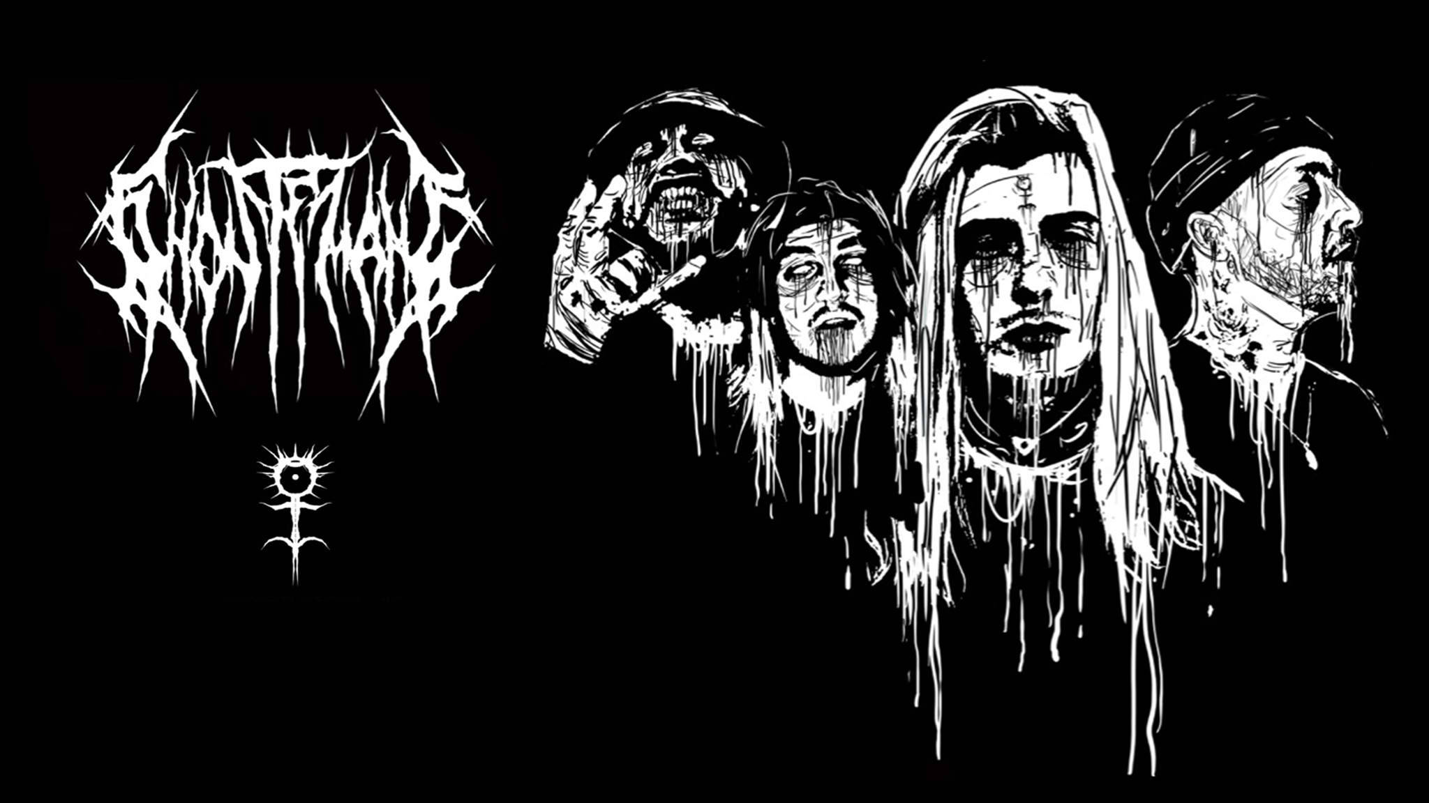 Ghostemane 桌布 壁紙 — 四個怪誕、滴水的白臉人物，表情扭曲，黑色背景上有一個鋸齒狀的樂隊標誌。
