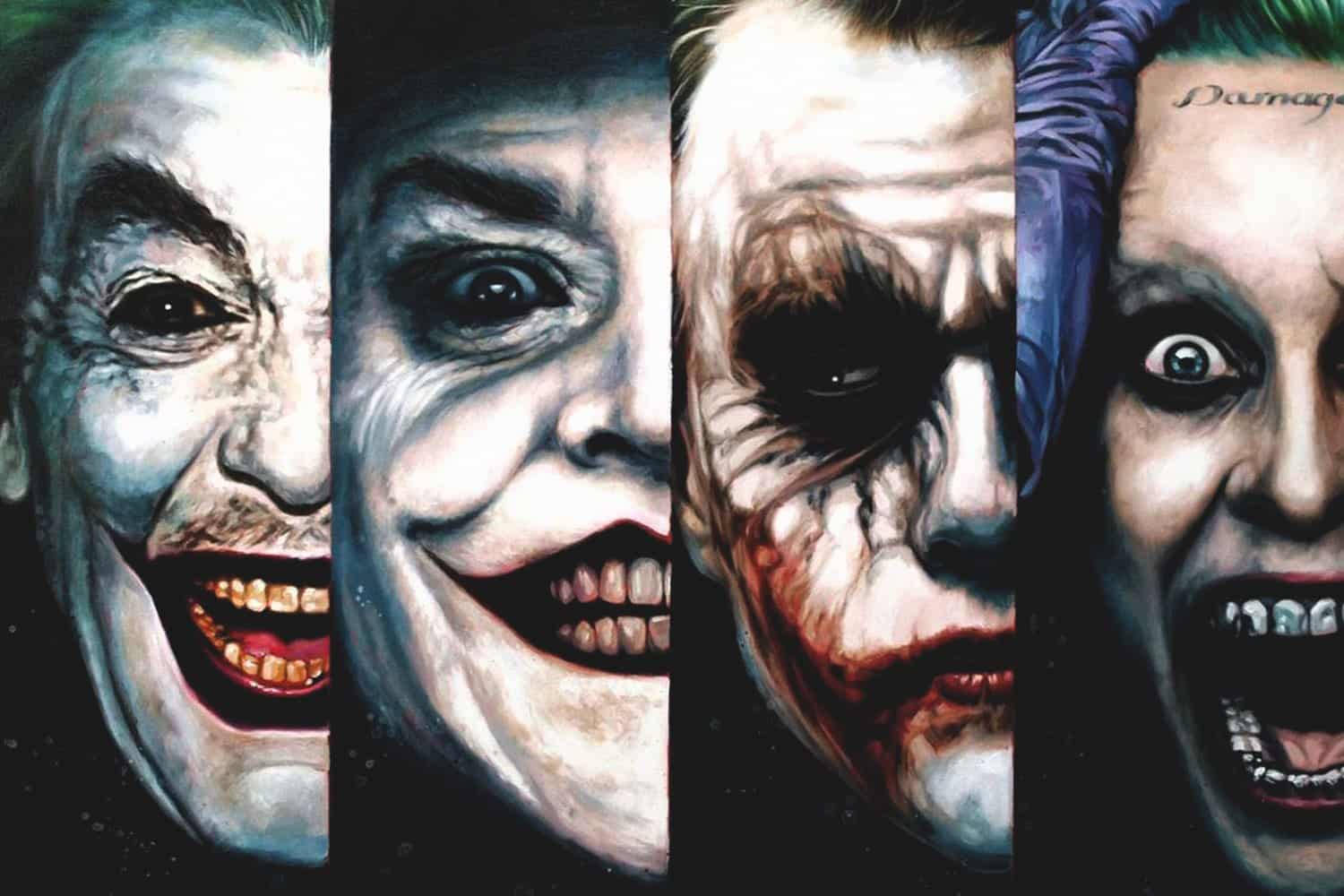 Why So Serious Joker 桌布 壁紙 — 四個怪誕的小丑面孔，化妝模糊，咧嘴大笑，背景陰暗。