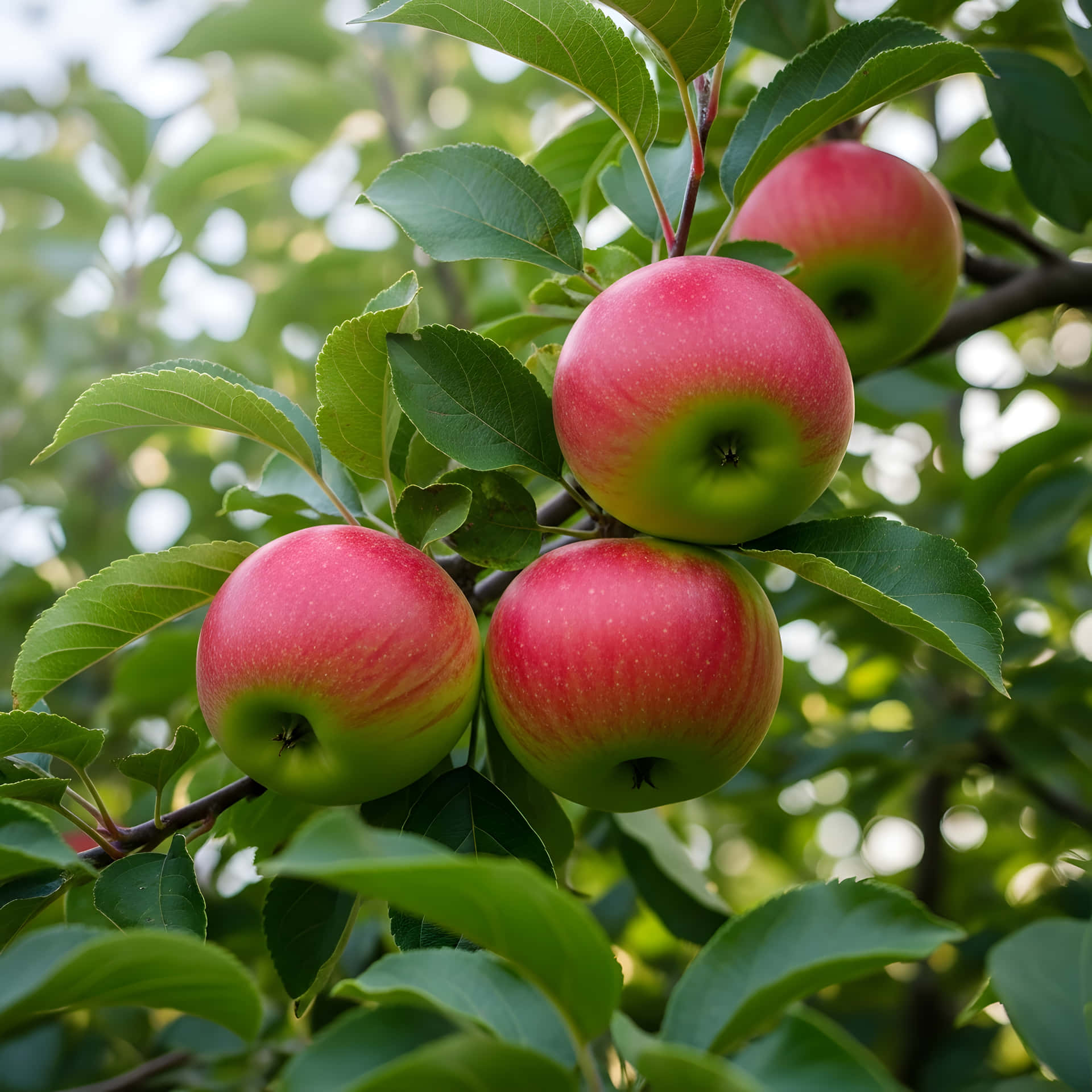 Apples on the tree 壁紙 — 四個成熟的紅色和綠色蘋果簇擁掛在樹枝上，周圍環繞著茂密的綠葉，在柔和陽光下。