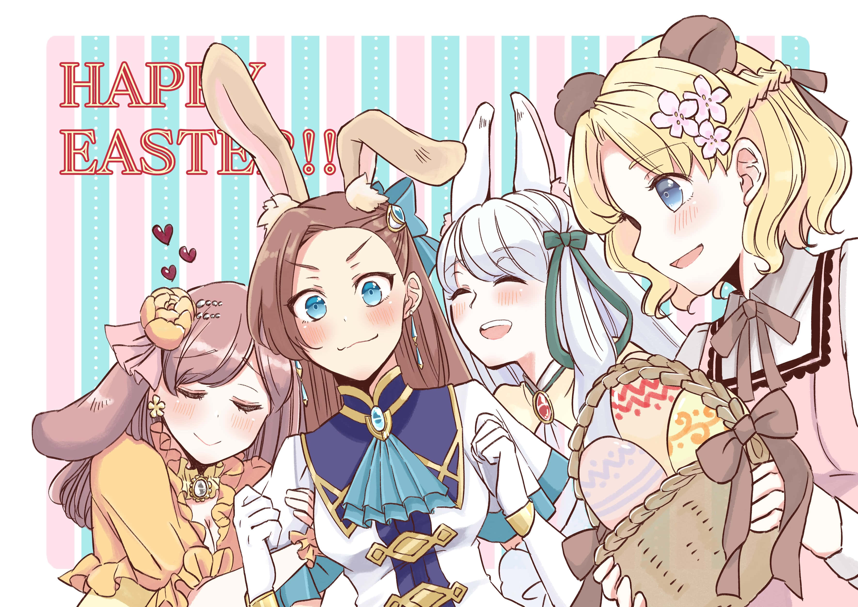My Next Life As A Villainess All Routes Lead To Doom 桌布 壁紙 — 四個戴兔耳、穿復活節服裝的開心動漫女孩，在條紋背景前拿著籃子擺姿勢。