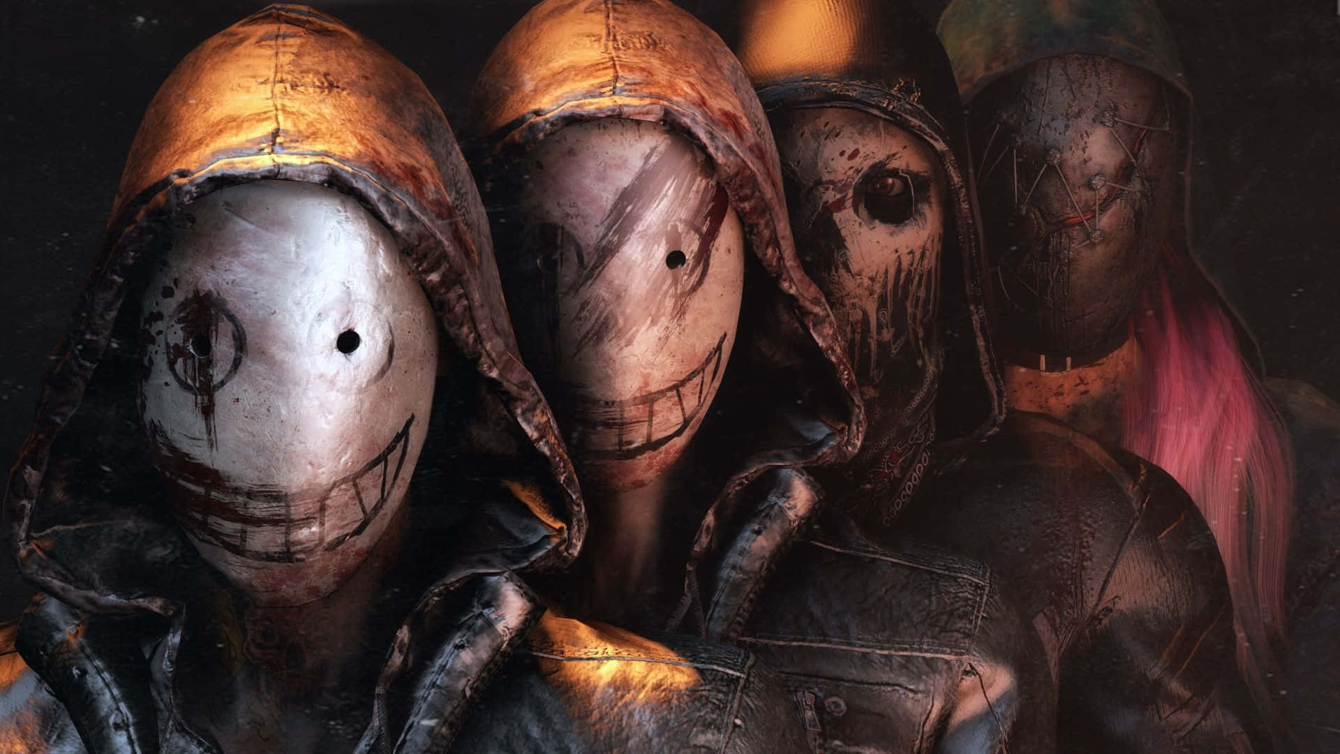 Dead By Daylight Killers 桌布 壁紙 — 四個戴兜帽的人物戴著怪誕的縫合面具，站在昏暗的光線中，臉上沾滿污垢和血跡。