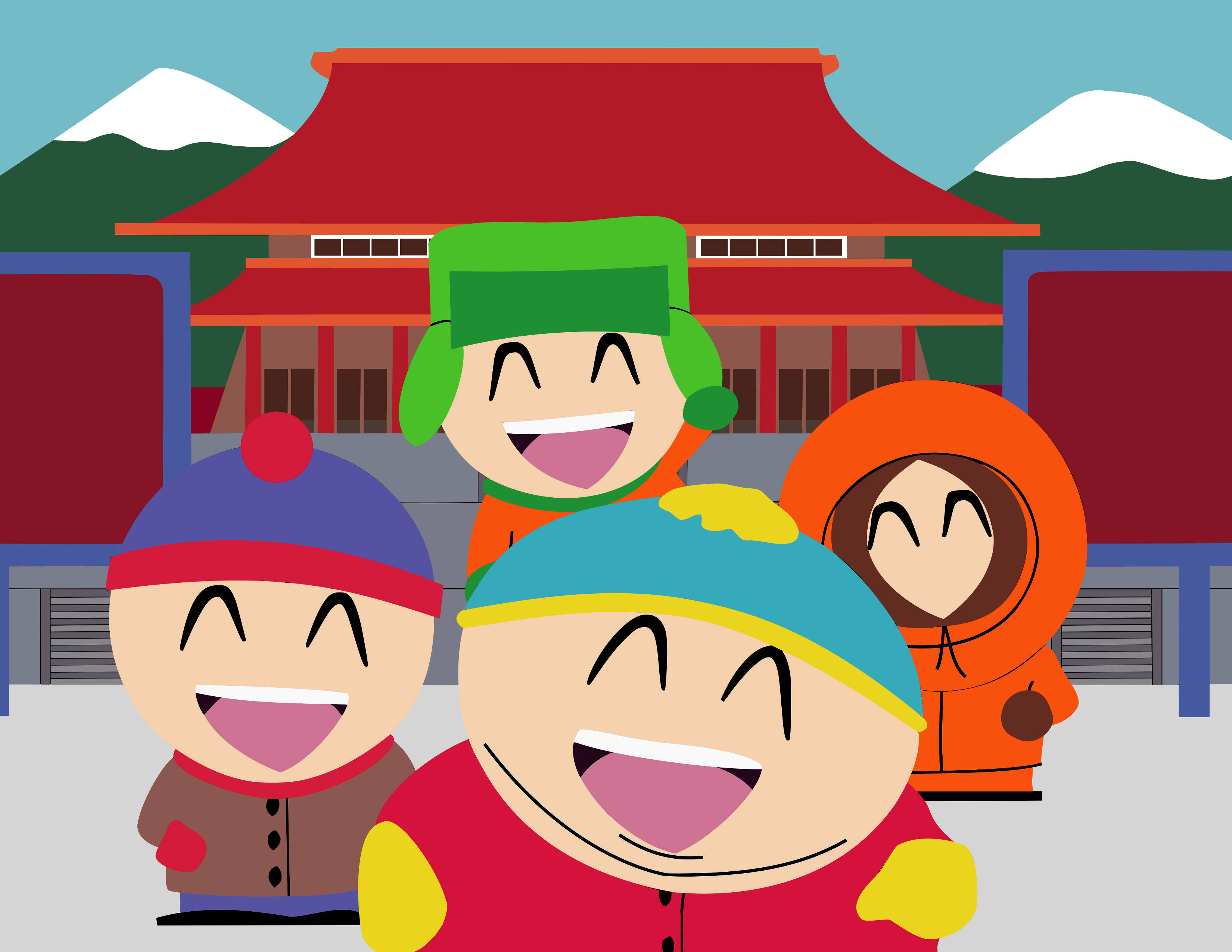 Kyle Broflovski 桌布 壁紙 — 四個戴冬季帽子的卡通男孩在紅頂寺廟前，背後有積雪覆蓋的山脈，開心地笑著。