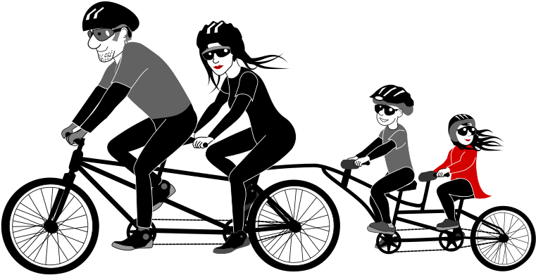 Ride 桌布 壁紙 — 四個戴太陽眼鏡的風格化自行車手在黑色背景上騎自行車，帶有白色輪廓。