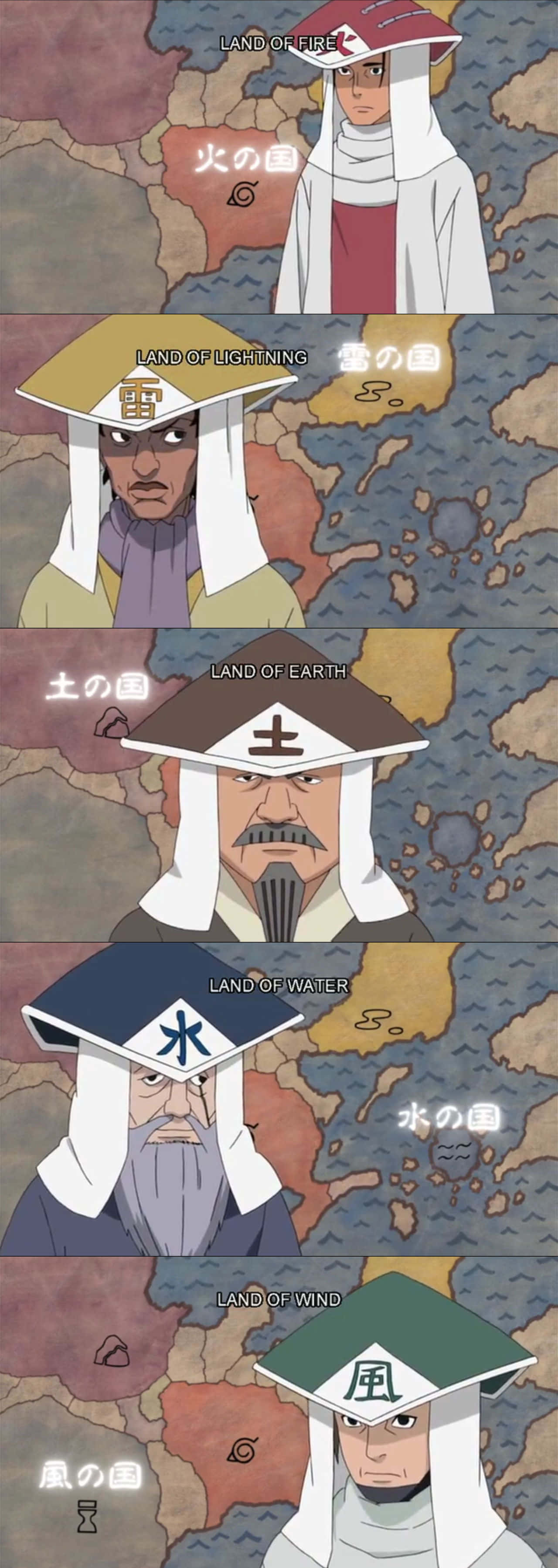 Naruto Kage 桌布 壁紙 — 四個戴著不同顏色帽子的動漫角色站在一張標有元素國家的地圖前。