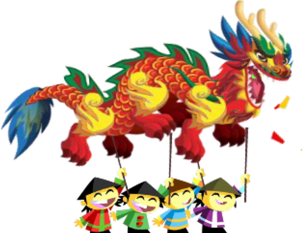 中國龍 桌布 壁紙 — 四個戴著傳統帽子的微笑小孩，在黑色背景上快樂地放著鮮豔的紅、黃、藍色龍風箏。