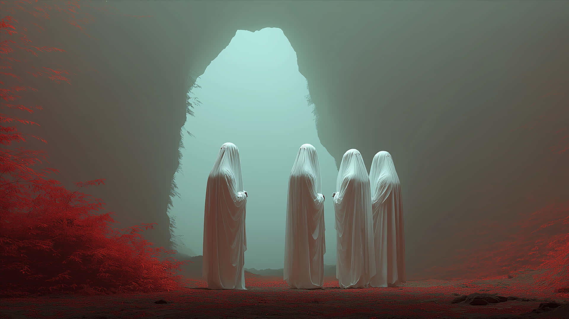 Mysterious White-Clad Figures at Entrance to Cavern Portal 壁紙 — 四個戴著兜帽的白色身影站在霧氣瀰漫的洞穴入口，周圍環繞著發光的紅色樹葉。