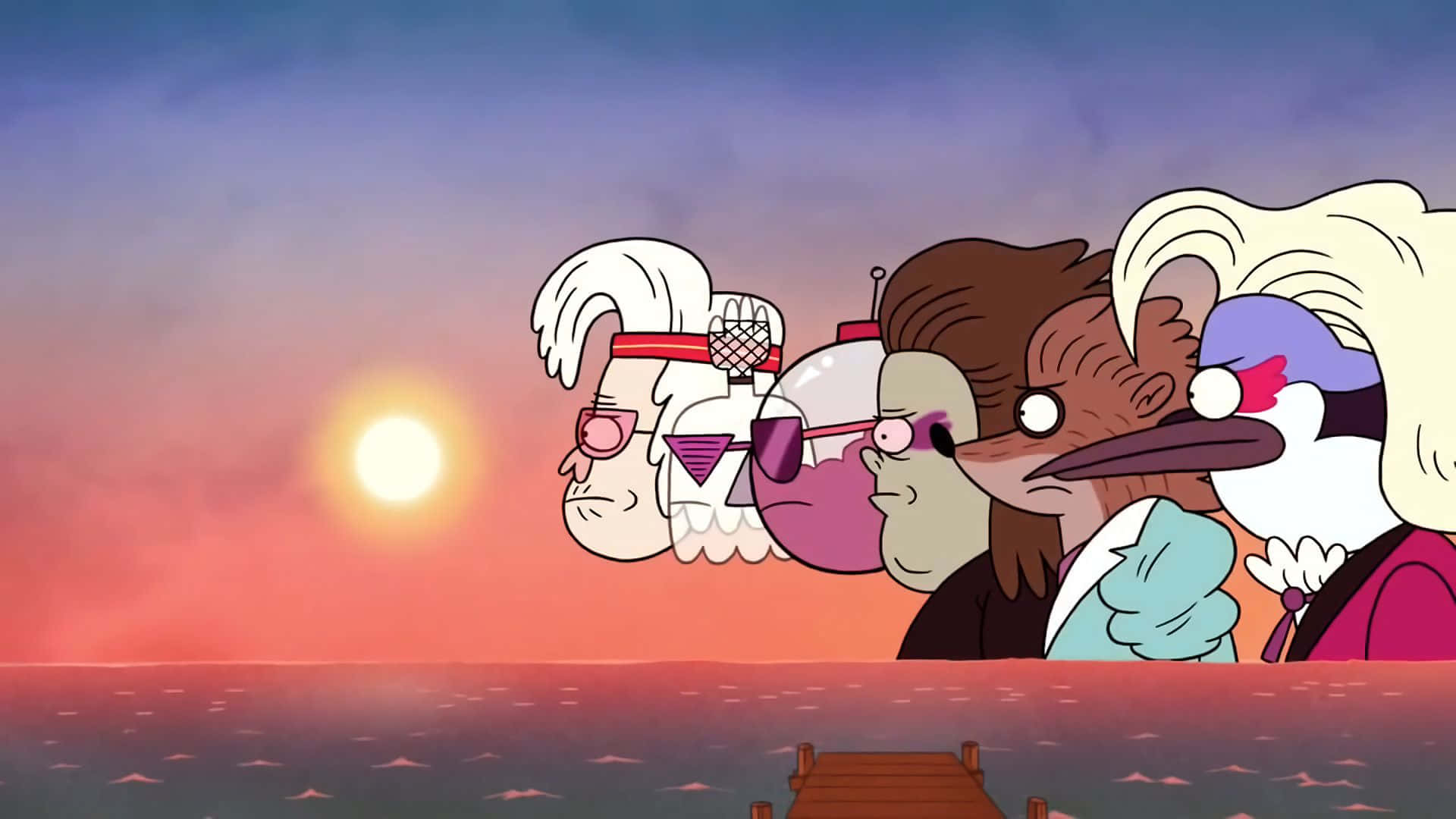 Regular Show 桌布 壁紙 — 四個戴著太陽眼鏡的卡通角色在日落時分凝視著平靜海洋上發光的太陽。