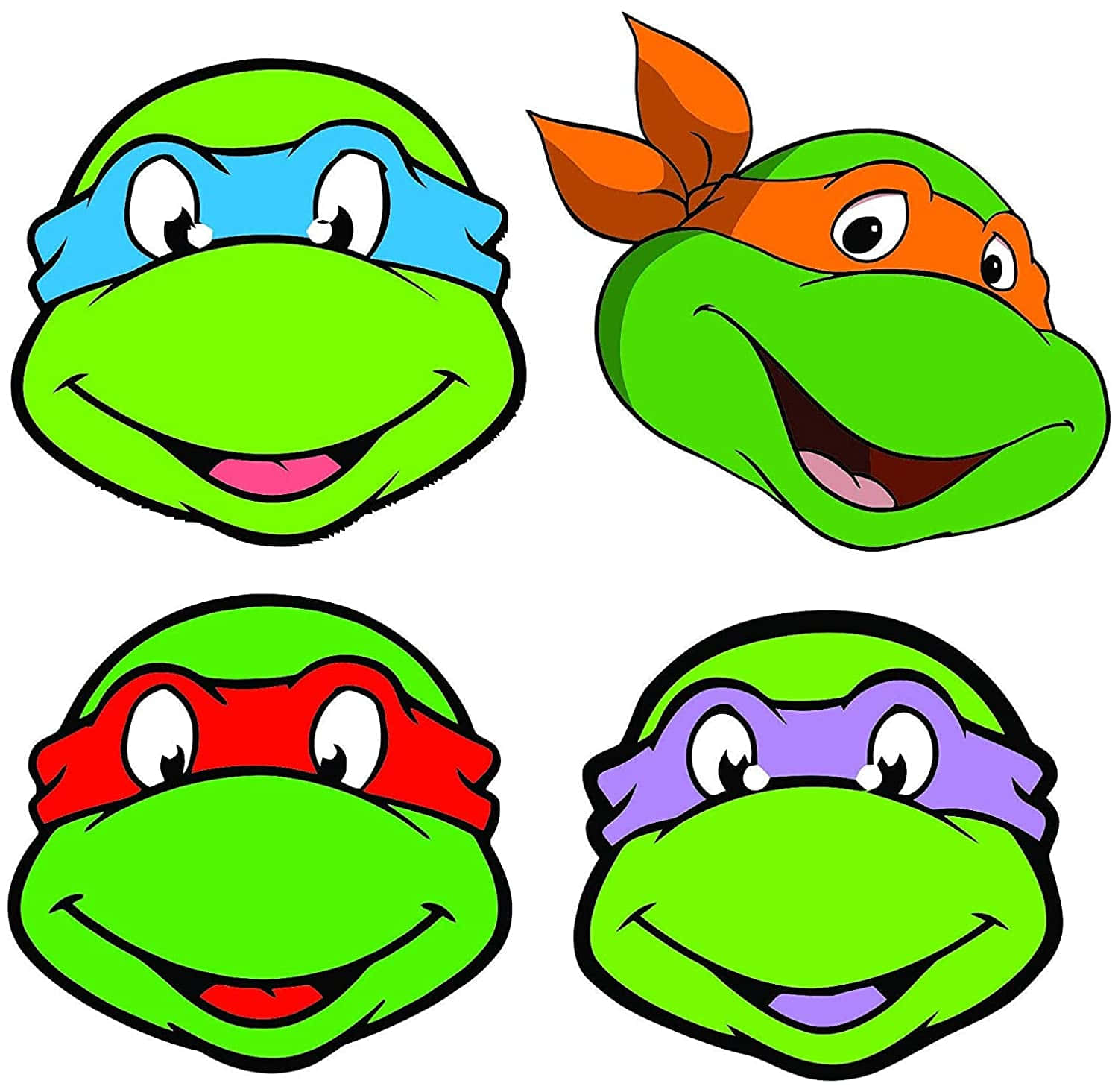 Cartoon Turtle 桌布 壁紙 — 四個戴著彩色頭巾的快樂卡通烏龜臉在白色背景上微笑。