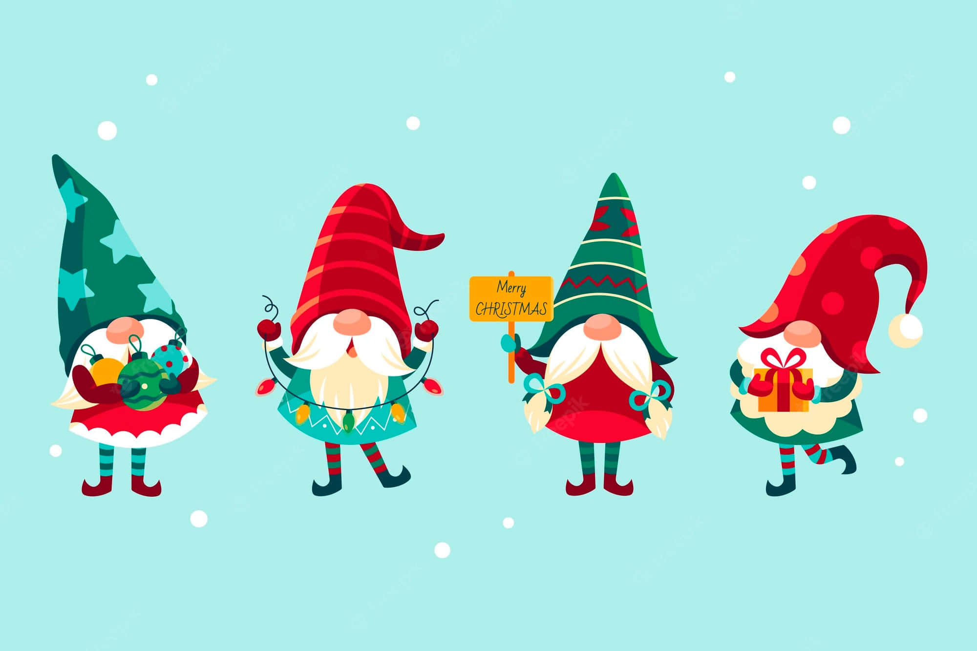 christmas laptop 桌布 壁紙 — 四個戴著節日帽子的快樂卡通地精在雪白的淺藍色背景上拿著禮物和一個標牌。