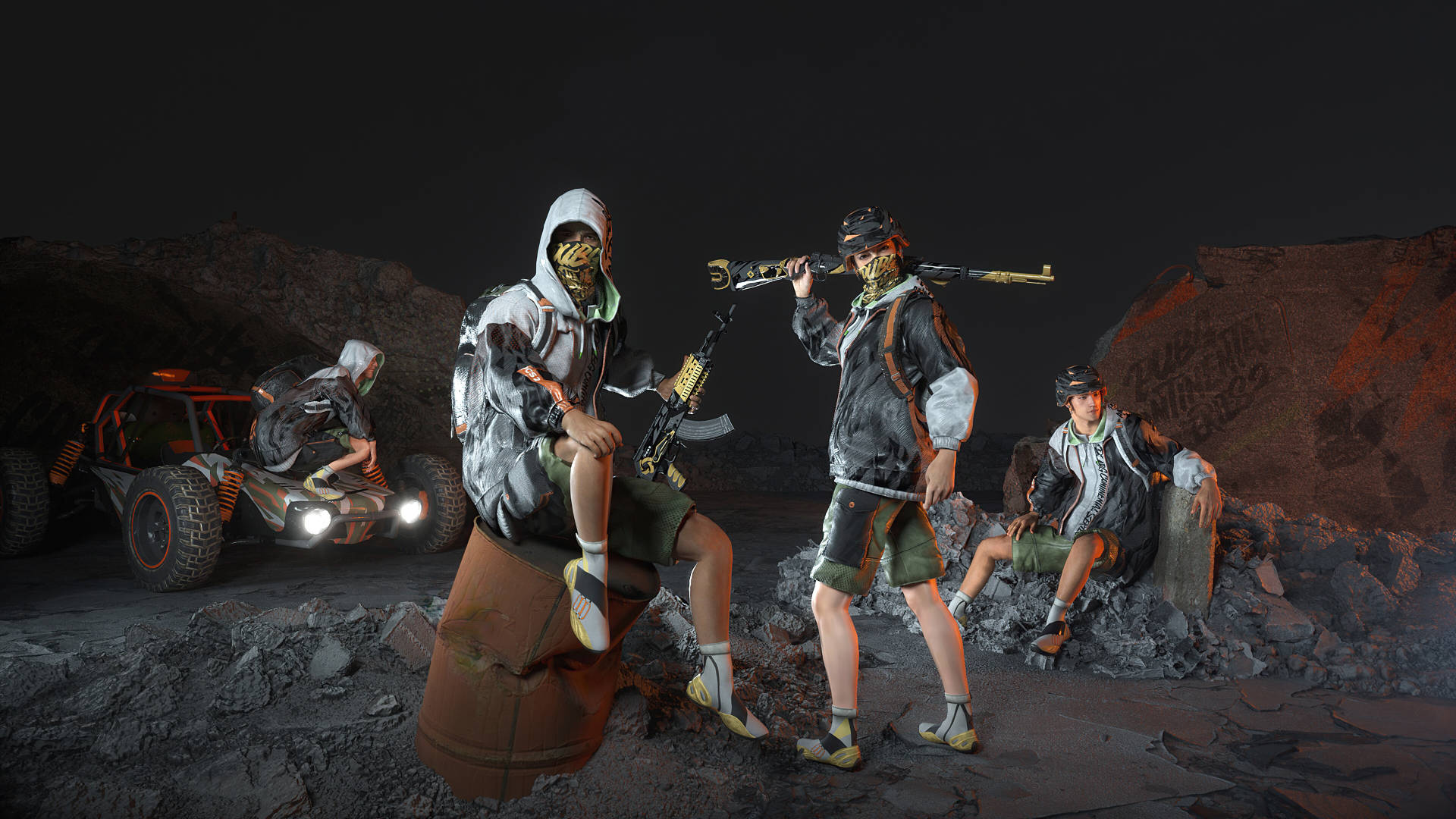 Playerunknown's Battlegrounds 桌布 壁紙 — 四個戴面具的人物拿著武器在夜晚的黑暗岩石沙漠中圍著一輛沙灘車擺姿勢。