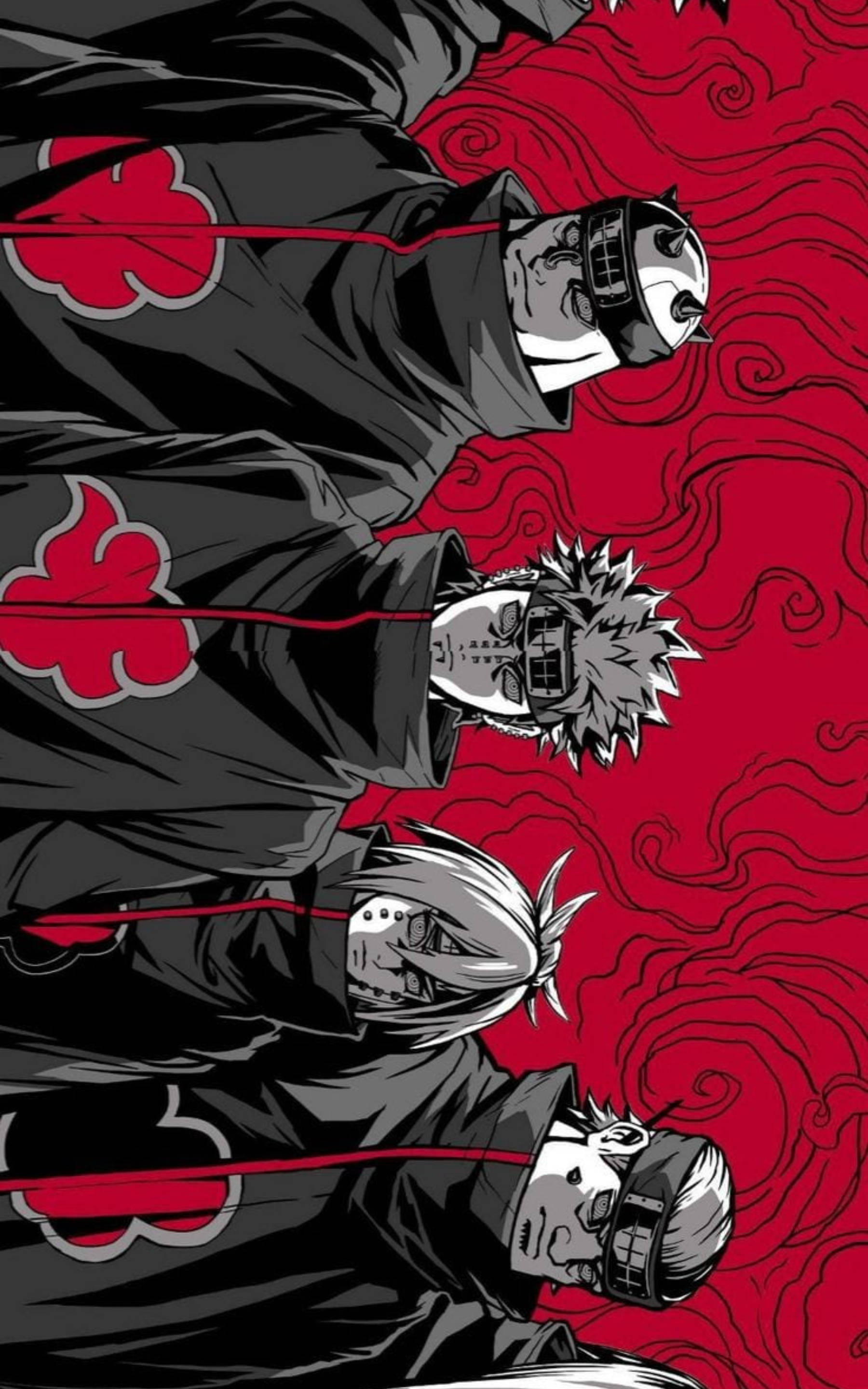 akatsuki phone 桌布 壁紙 — 四個戴面具的忍者，身穿帶有紅色雲紋的黑色曉袍，站在旋轉的紅色背景前。