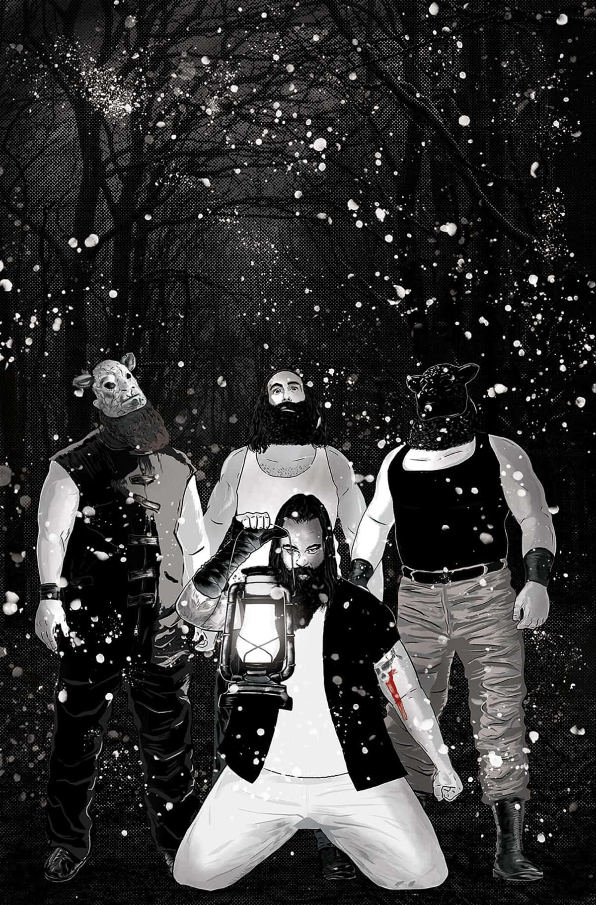 WWE 桌布 壁紙 — 四個戴面具的男人在雪地森林中威嚇地站著，雪花在他們周圍飄落，呈現強烈的黑白對比。