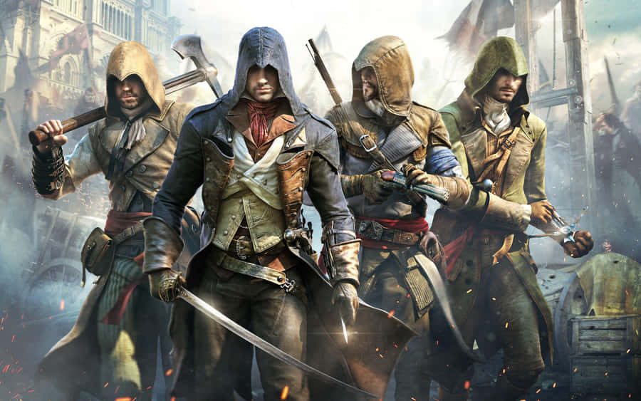 All Games 桌布 壁紙 — 四個戴頭巾的刺客身穿細節豐富的時代服裝，在火花四濺的混亂戰鬥場景中手持武器準備就緒。