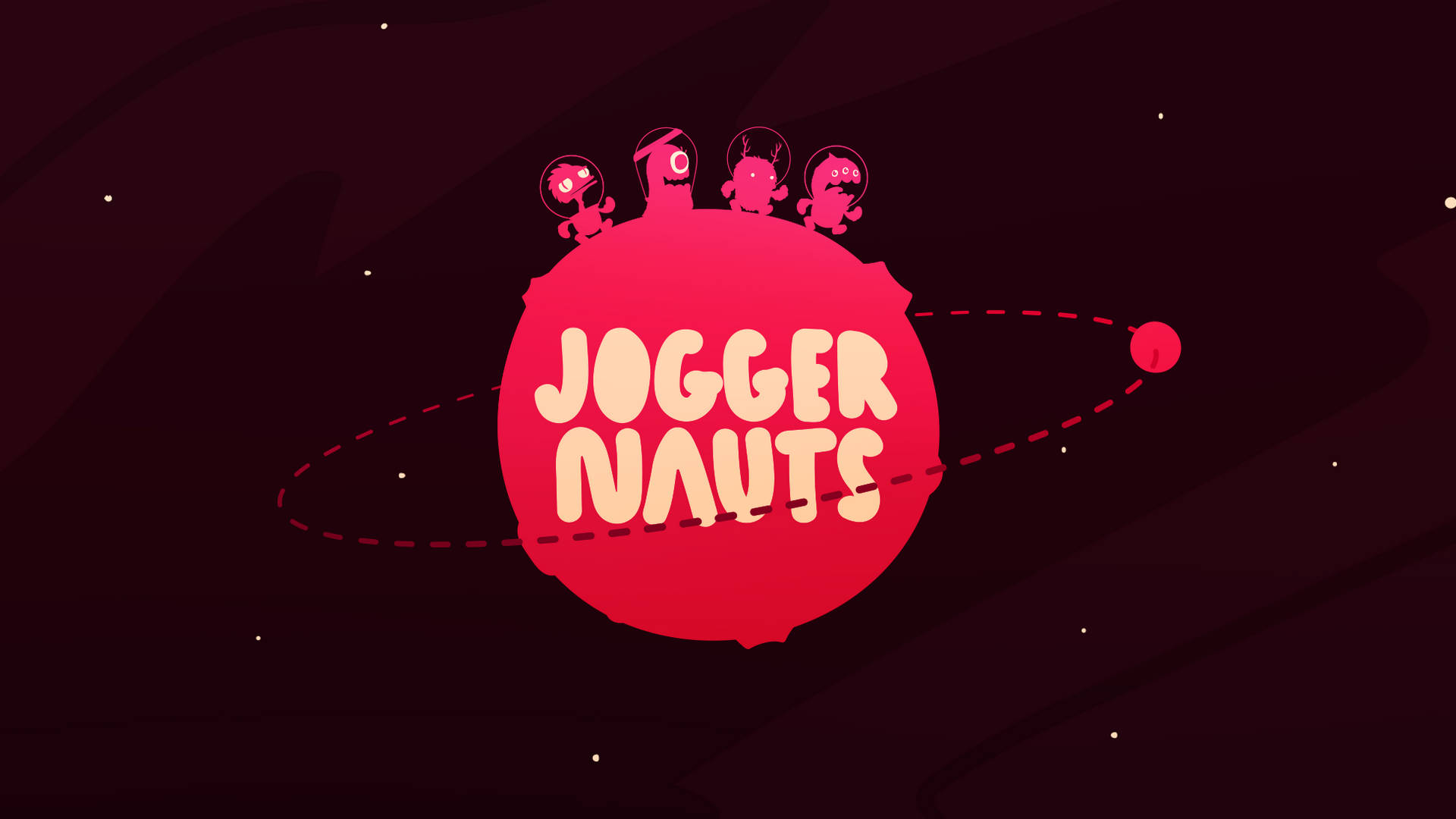 Joggernauts 桌布 壁紙 — 四個戴頭盔的卡通太空人站在紅色星球上，'Jogger Nauts' 文字在太空中環繞。