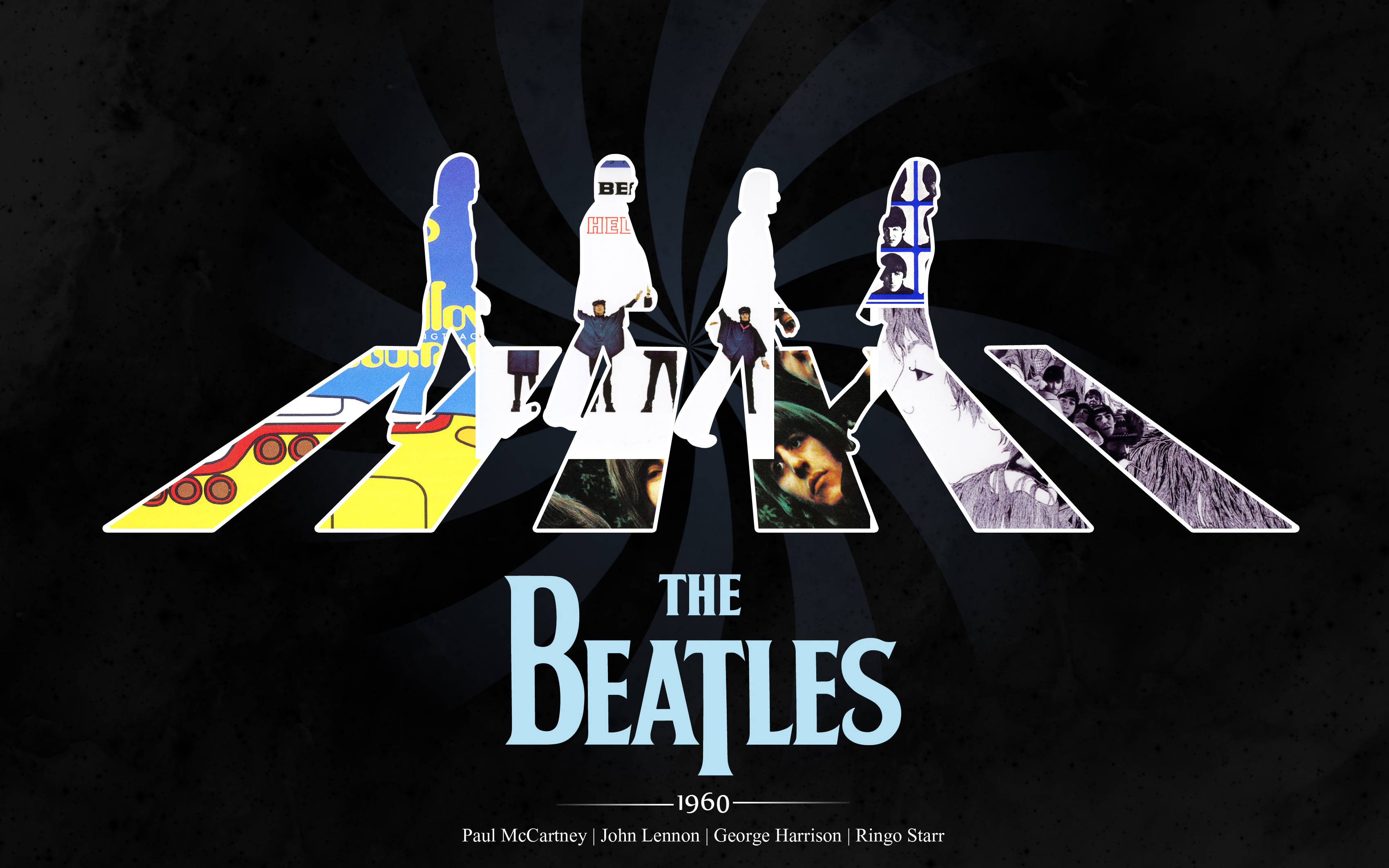 the beatles 桌布 壁紙 — 四個披頭四剪影在色彩繽紛的斑馬線上行進，背景為深色放射狀，下方有樂隊名稱和年份。