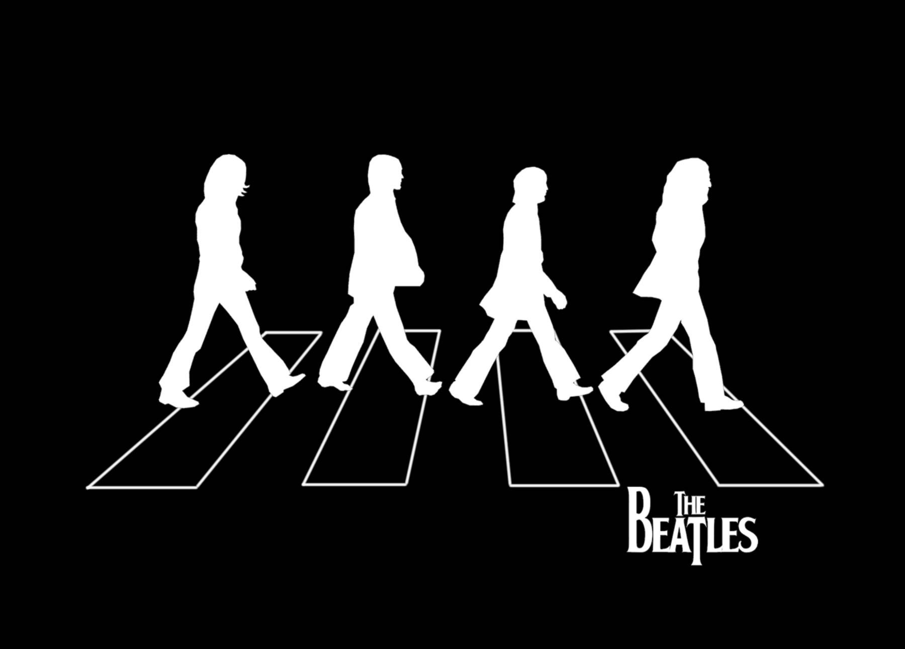 the beatles 桌布 壁紙 — 四個披頭四的白色剪影在黑色背景上走過斑馬線，下方有樂隊名稱。