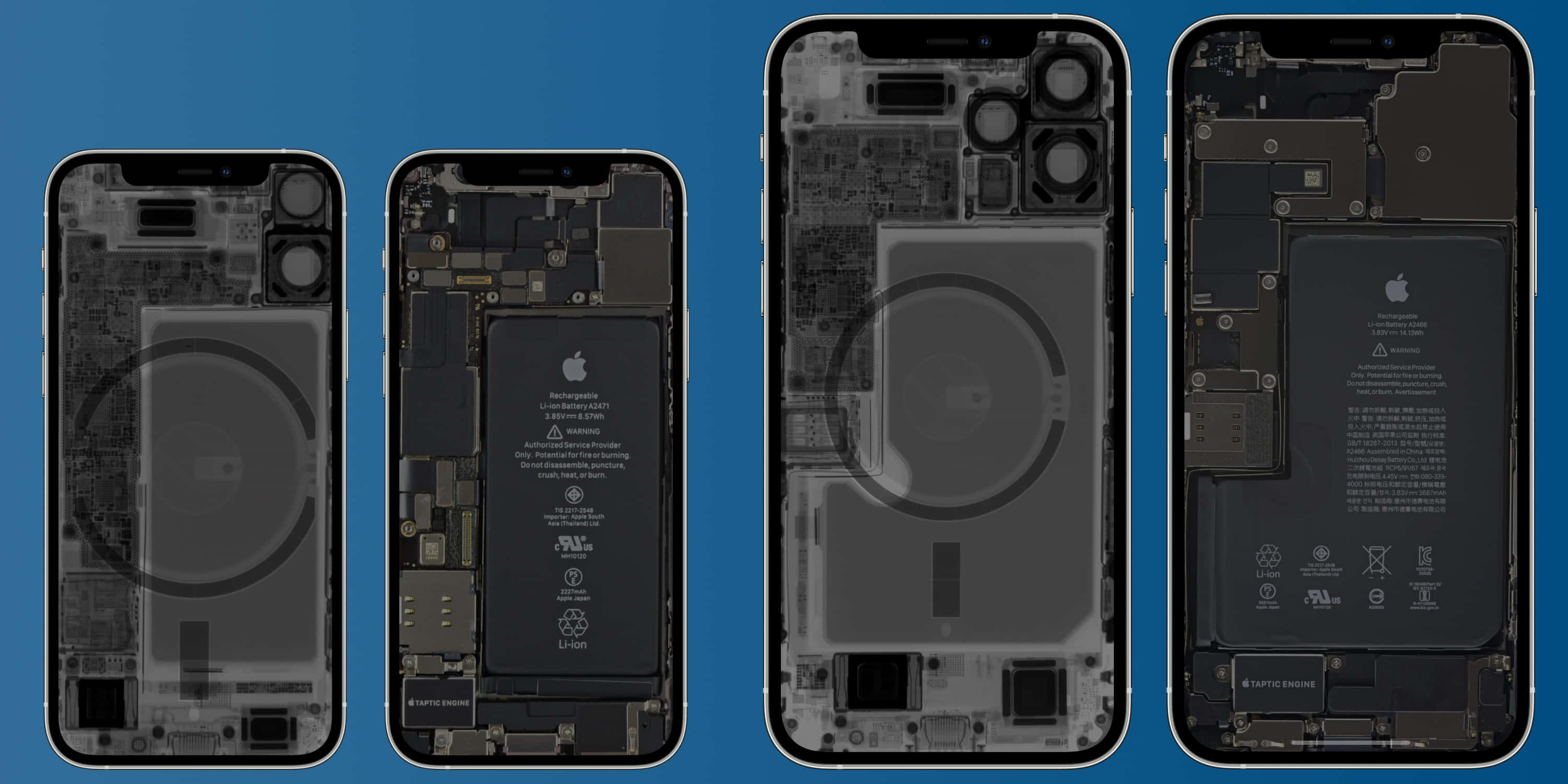 手機 桌布 壁紙 — 四個拆解的iPhone型號在純藍色背景上展示，揭示內部電路和電池組件。