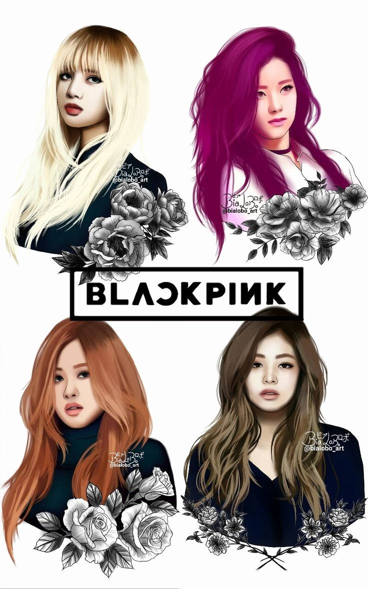 BLACKPINK 桌布 壁紙 — 四個插圖K-pop偶像，頸上戴著花環，背景為白色。